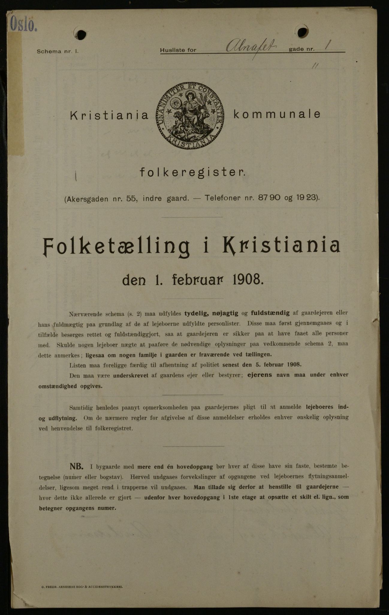 OBA, Municipal Census 1908 for Kristiania, 1908, p. 1238