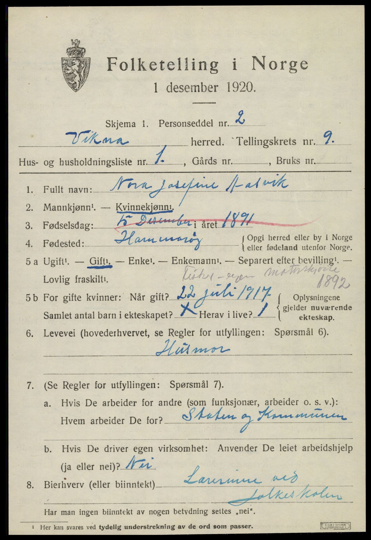 SAT, 1920 census for Vikna, 1920, p. 6443