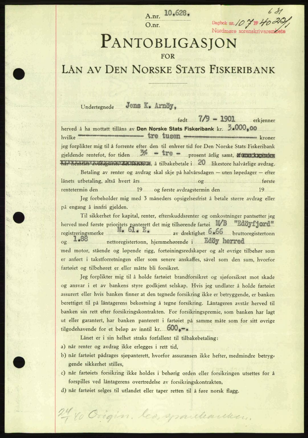 Nordmøre sorenskriveri, AV/SAT-A-4132/1/2/2Ca: Mortgage book no. B86, 1939-1940, Diary no: : 107/1940