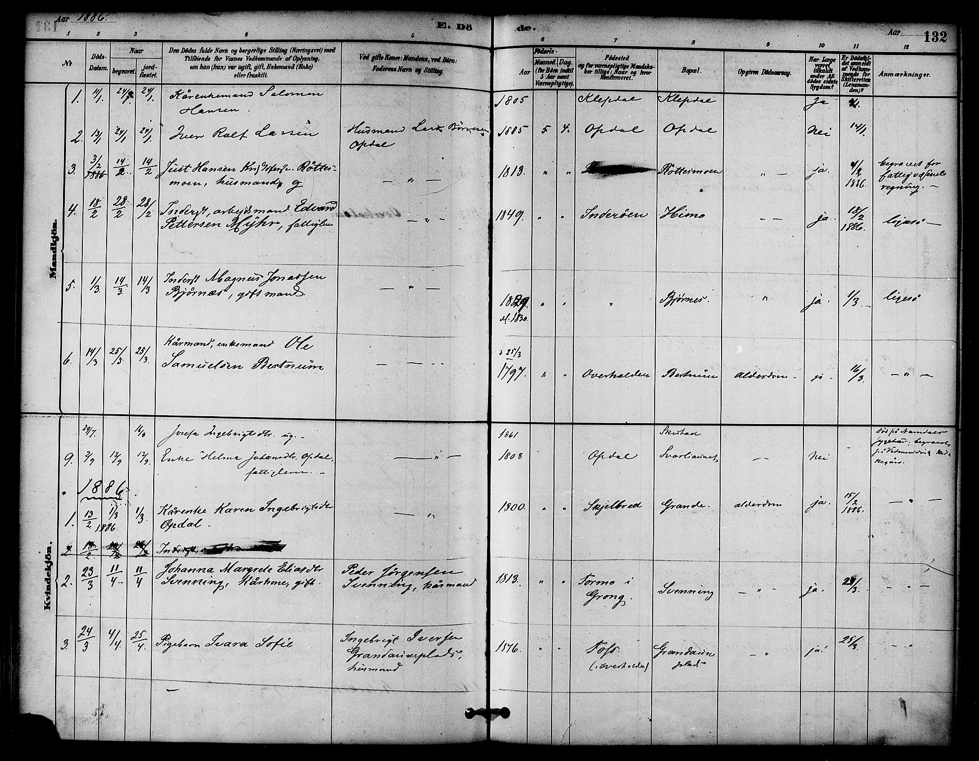 Ministerialprotokoller, klokkerbøker og fødselsregistre - Nord-Trøndelag, SAT/A-1458/764/L0555: Parish register (official) no. 764A10, 1881-1896, p. 132
