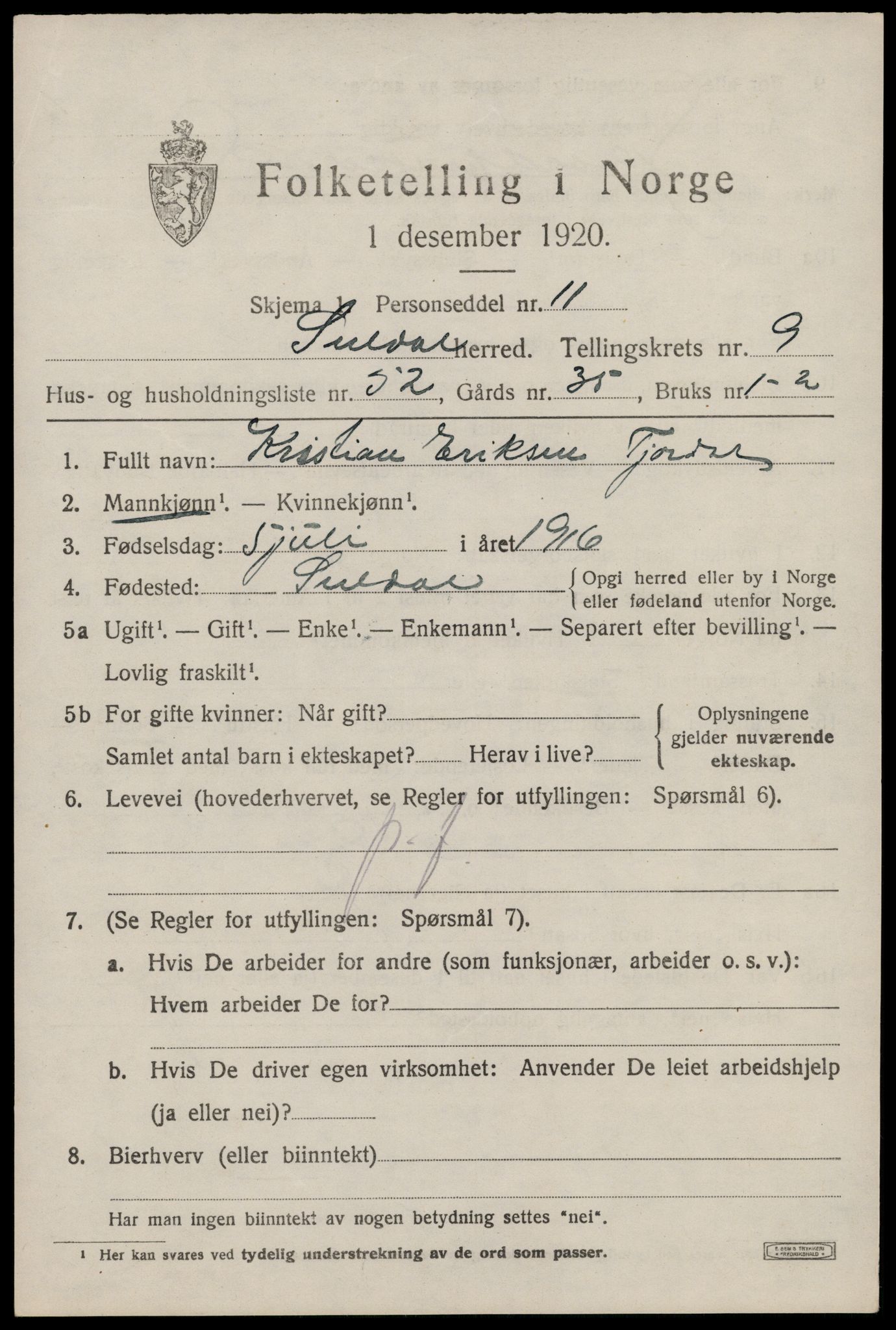 SAST, 1920 census for Suldal, 1920, p. 2702