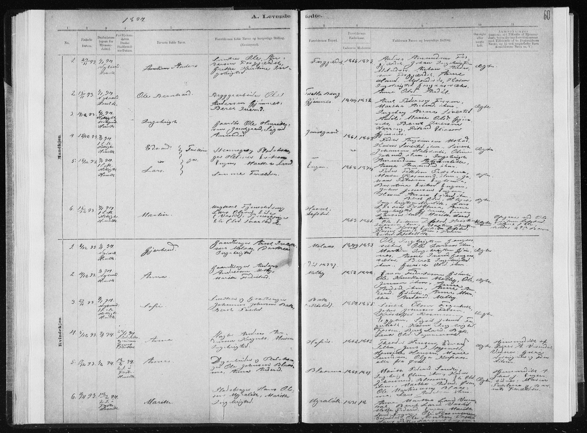 Ministerialprotokoller, klokkerbøker og fødselsregistre - Sør-Trøndelag, AV/SAT-A-1456/668/L0818: Parish register (copy) no. 668C07, 1885-1898, p. 80