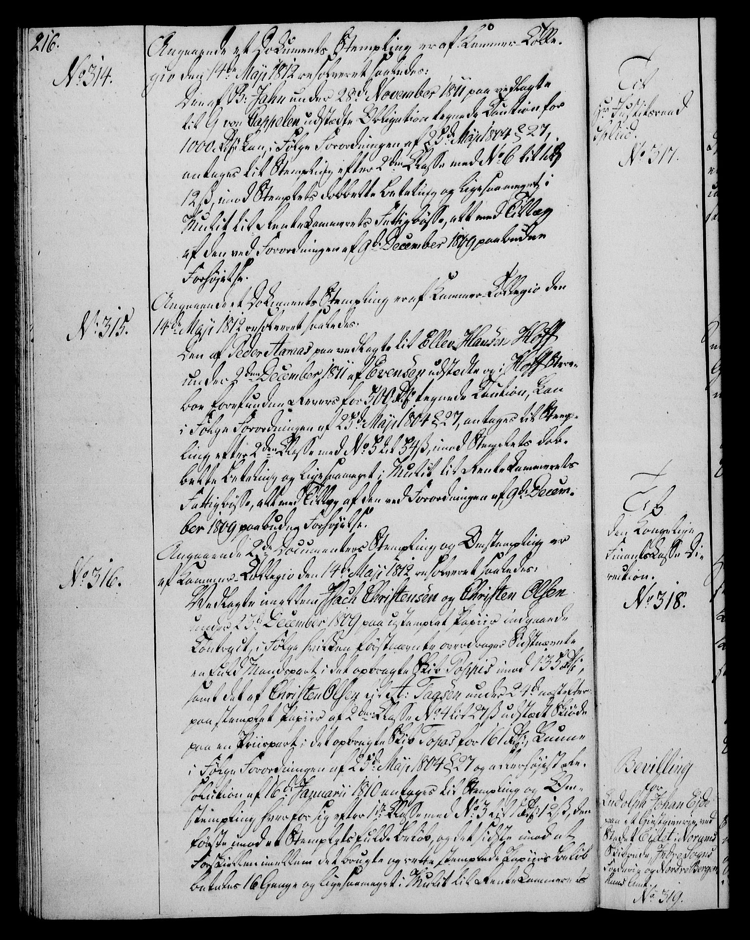 Rentekammeret, Kammerkanselliet, AV/RA-EA-3111/G/Gg/Gga/L0020: Norsk ekspedisjonsprotokoll med register (merket RK 53.20), 1811-1814, p. 216