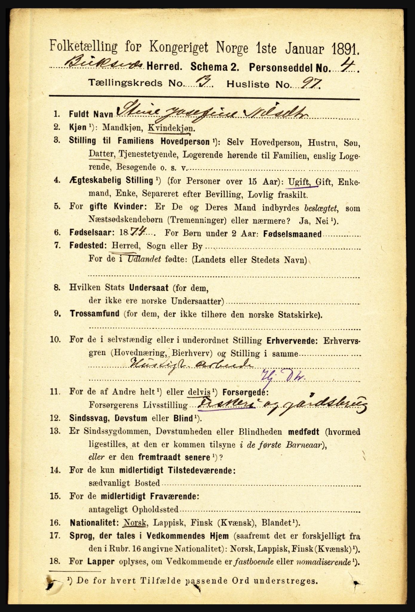 RA, 1891 census for 1860 Buksnes, 1891, p. 2897