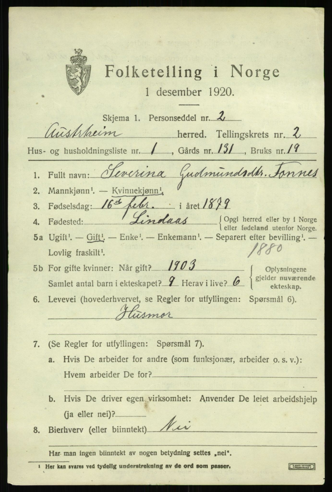 SAB, 1920 census for Austrheim, 1920, p. 1266