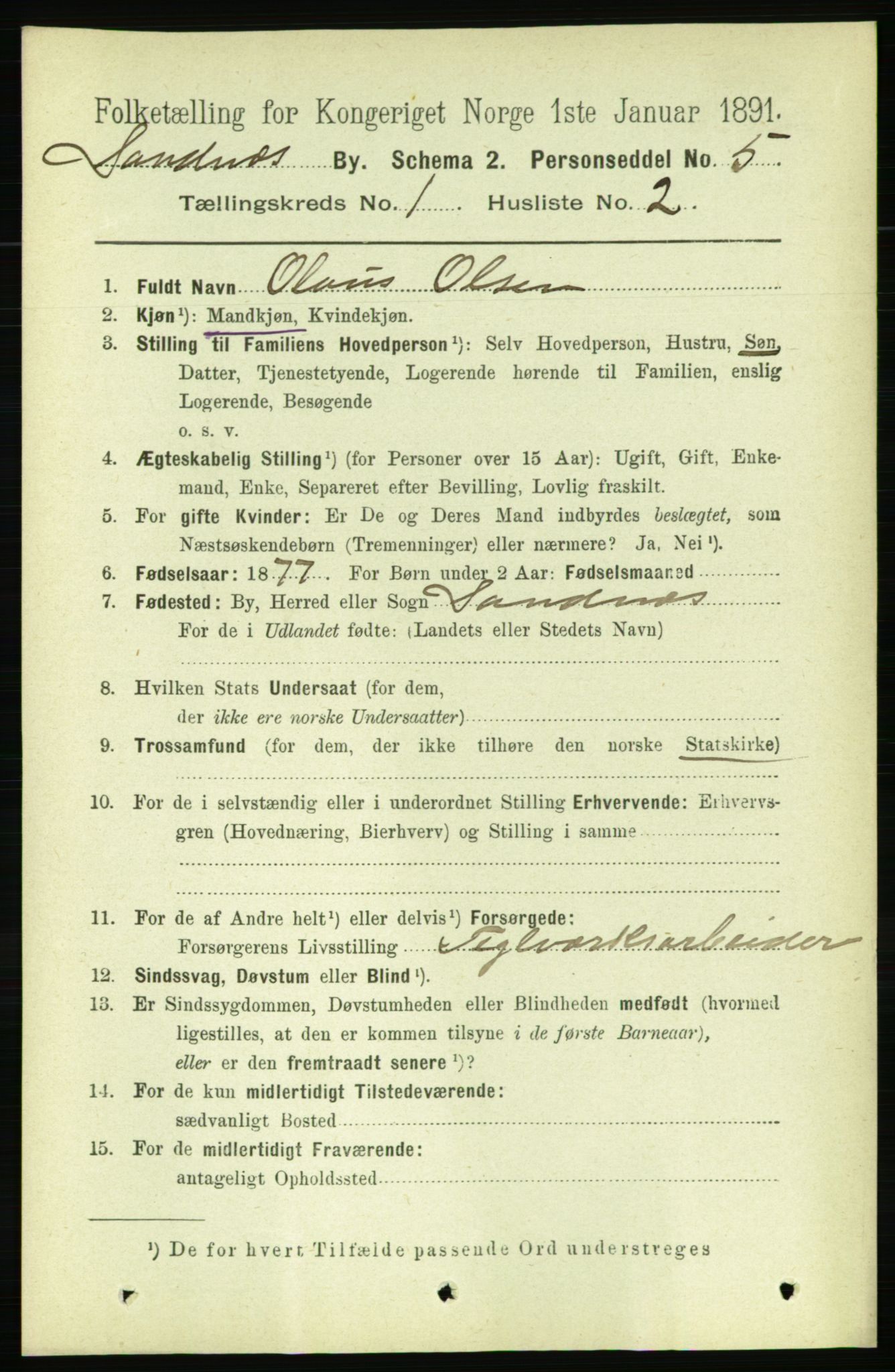 RA, 1891 census for 1102 Sandnes, 1891, p. 489