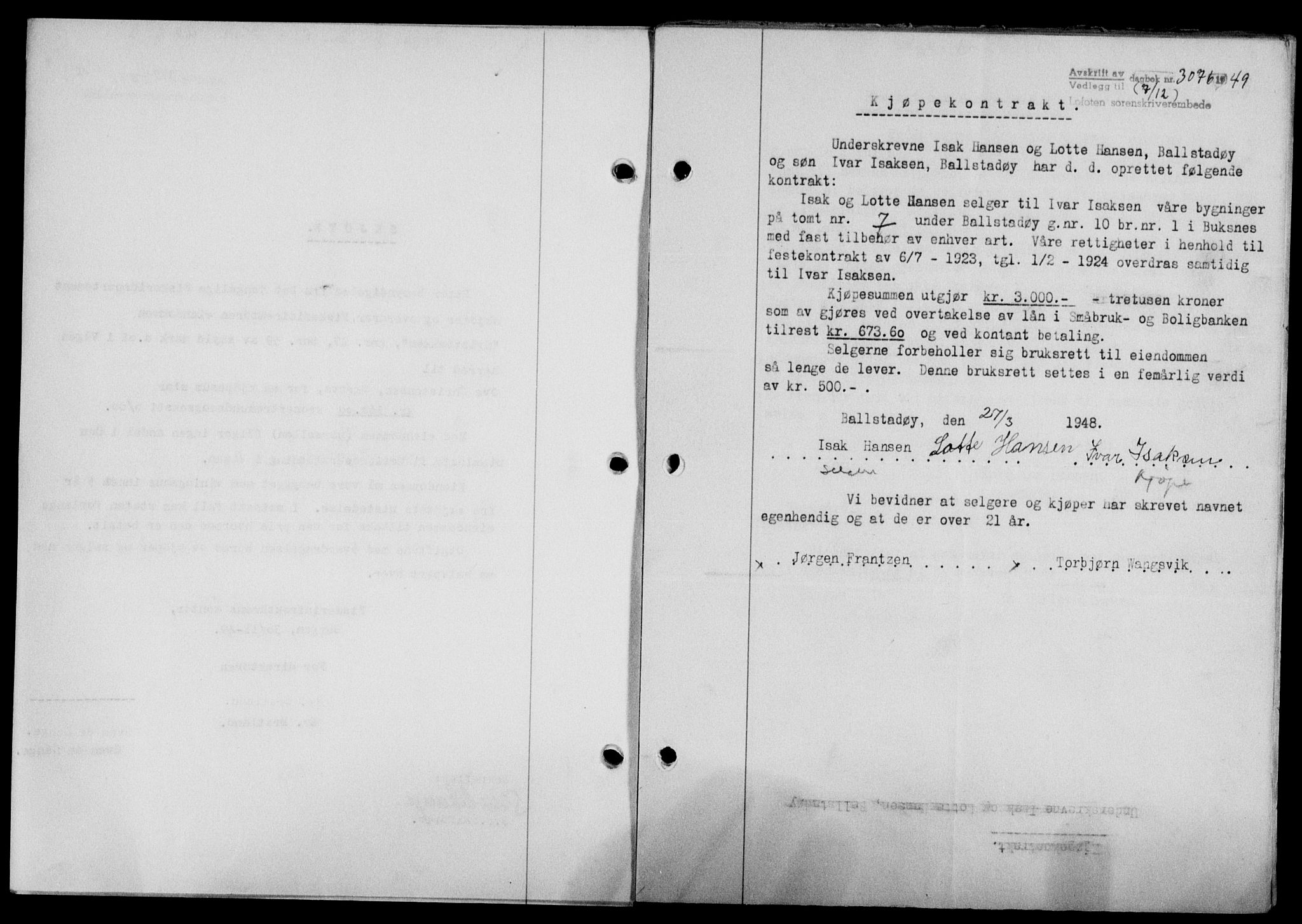 Lofoten sorenskriveri, SAT/A-0017/1/2/2C/L0022a: Mortgage book no. 22a, 1949-1950, Diary no: : 3076/1949