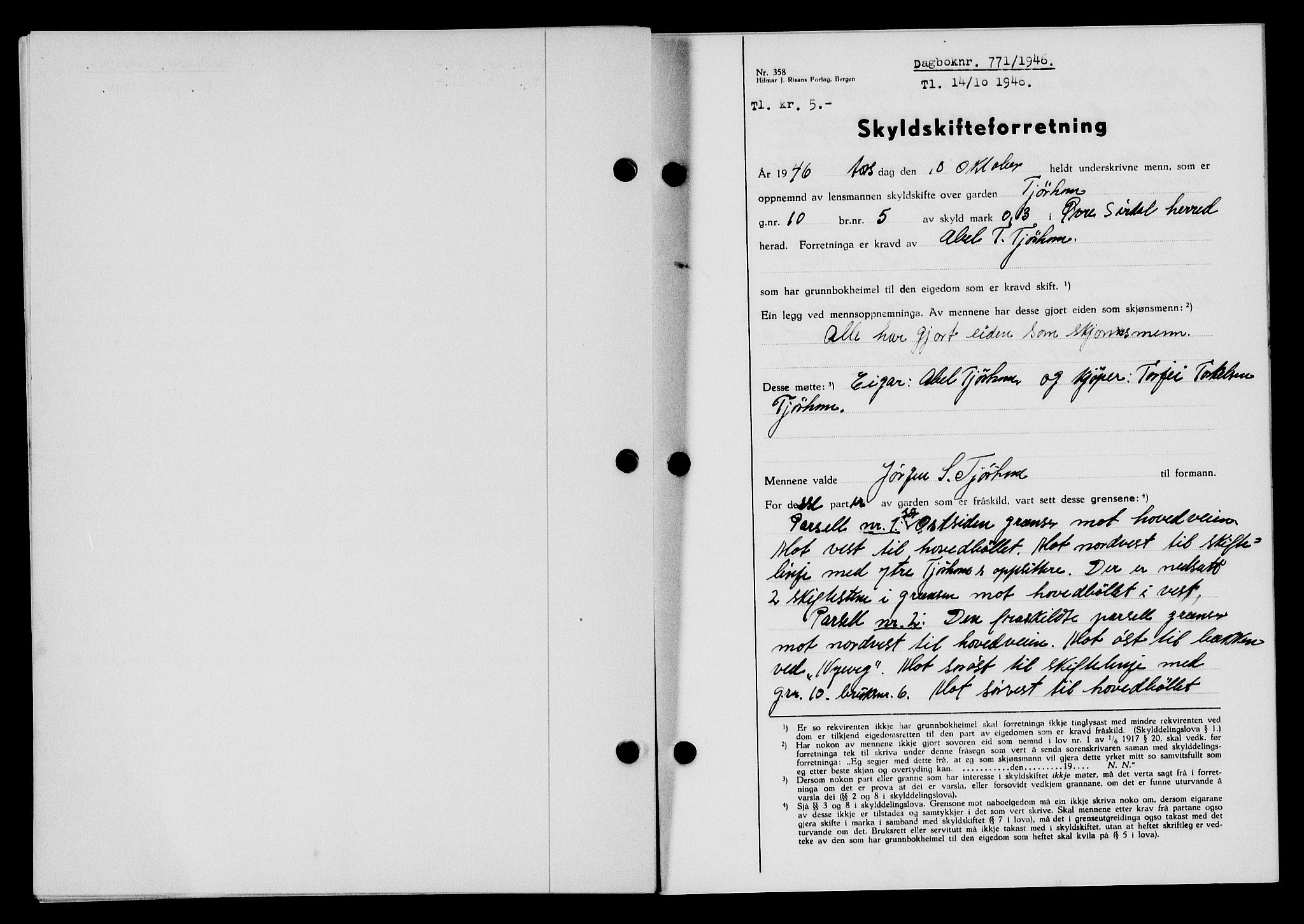 Flekkefjord sorenskriveri, AV/SAK-1221-0001/G/Gb/Gba/L0061: Mortgage book no. A-9, 1946-1947, Diary no: : 771/1946