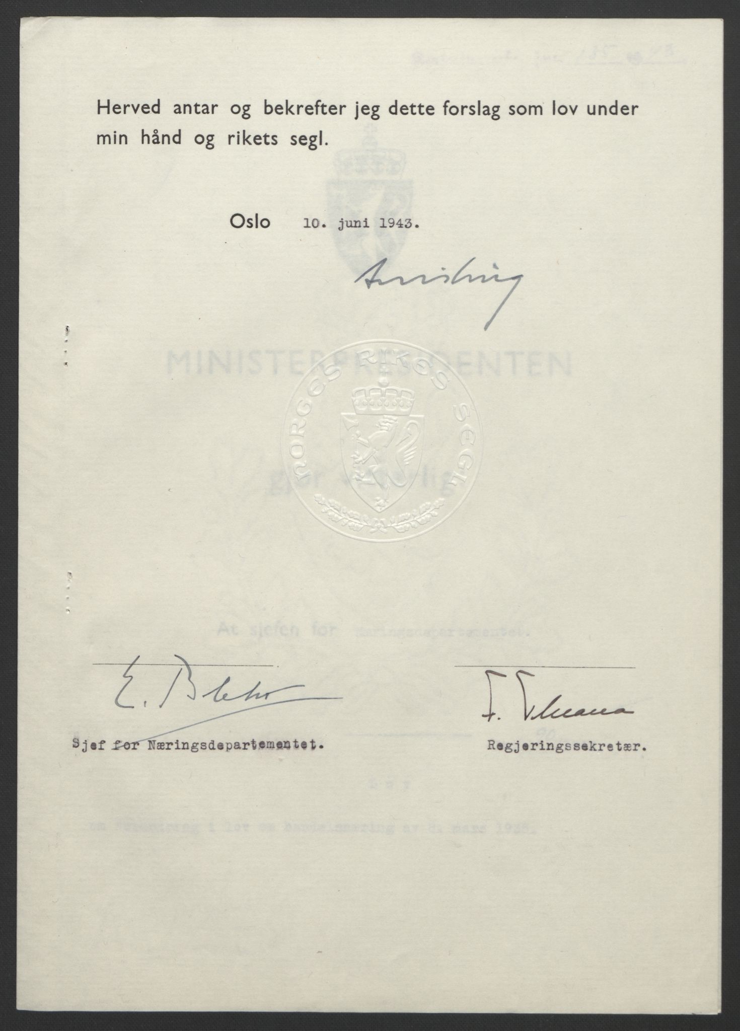 NS-administrasjonen 1940-1945 (Statsrådsekretariatet, de kommisariske statsråder mm), AV/RA-S-4279/D/Db/L0099: Lover, 1943, p. 412