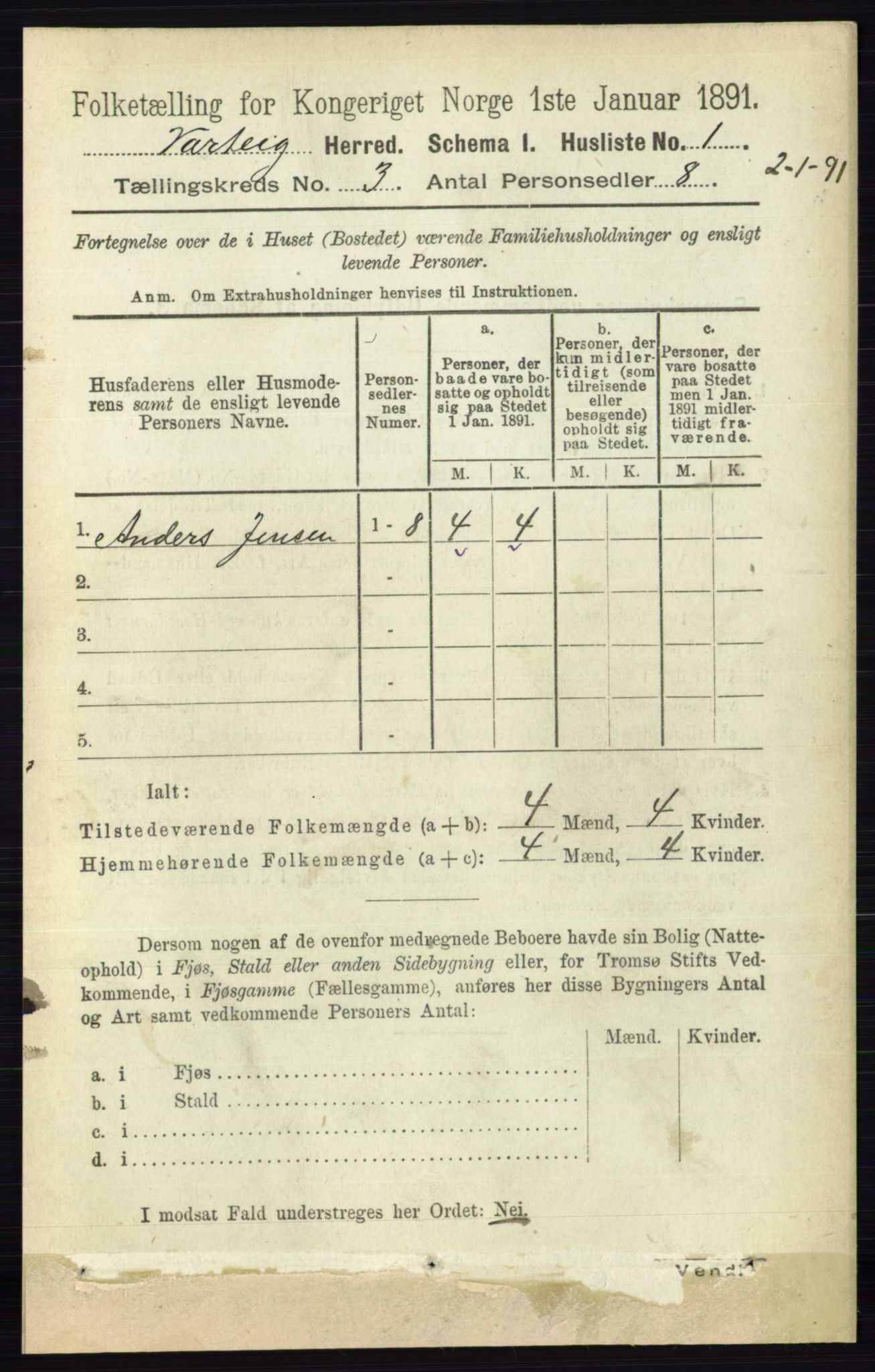 RA, 1891 census for 0114 Varteig, 1891, p. 1086