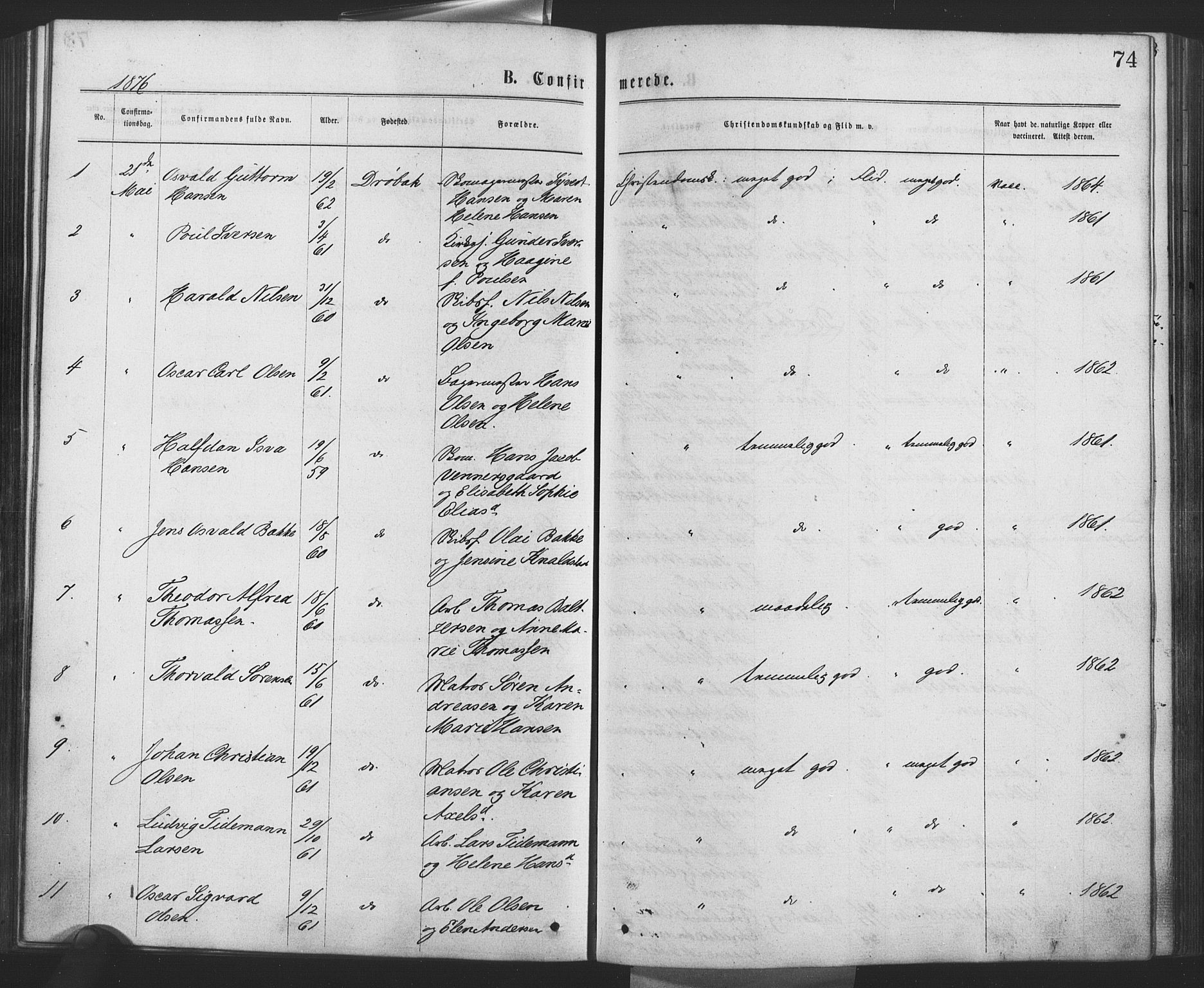 Drøbak prestekontor Kirkebøker, SAO/A-10142a/F/Fa/L0003: Parish register (official) no. I 3, 1871-1877, p. 74
