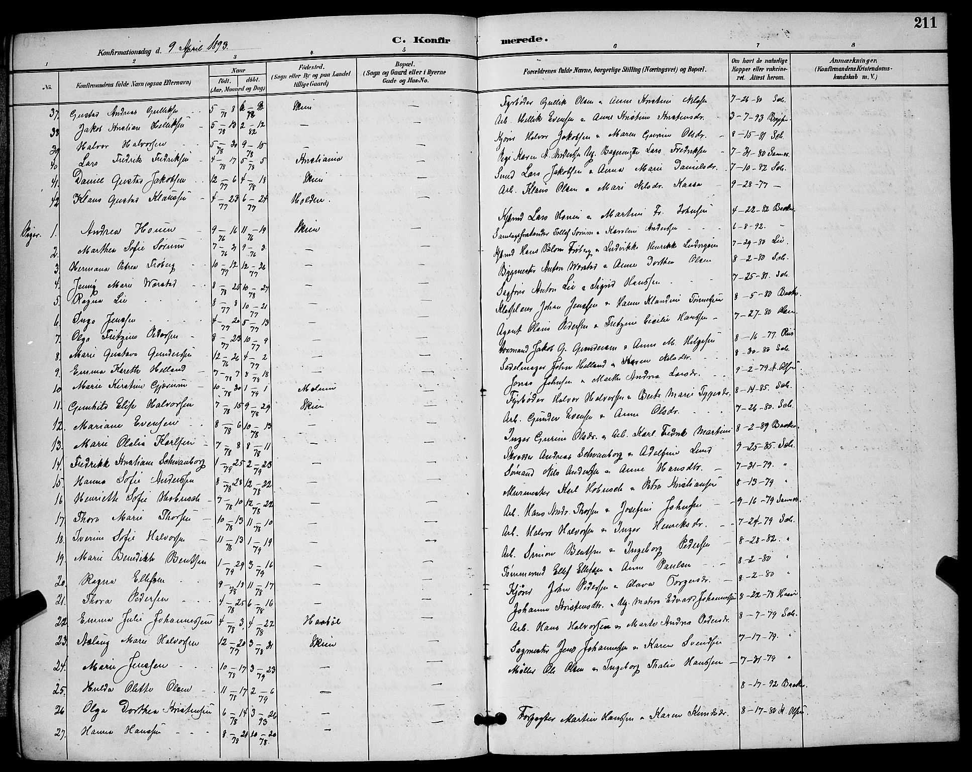 Skien kirkebøker, SAKO/A-302/G/Ga/L0007: Parish register (copy) no. 7, 1891-1900, p. 211