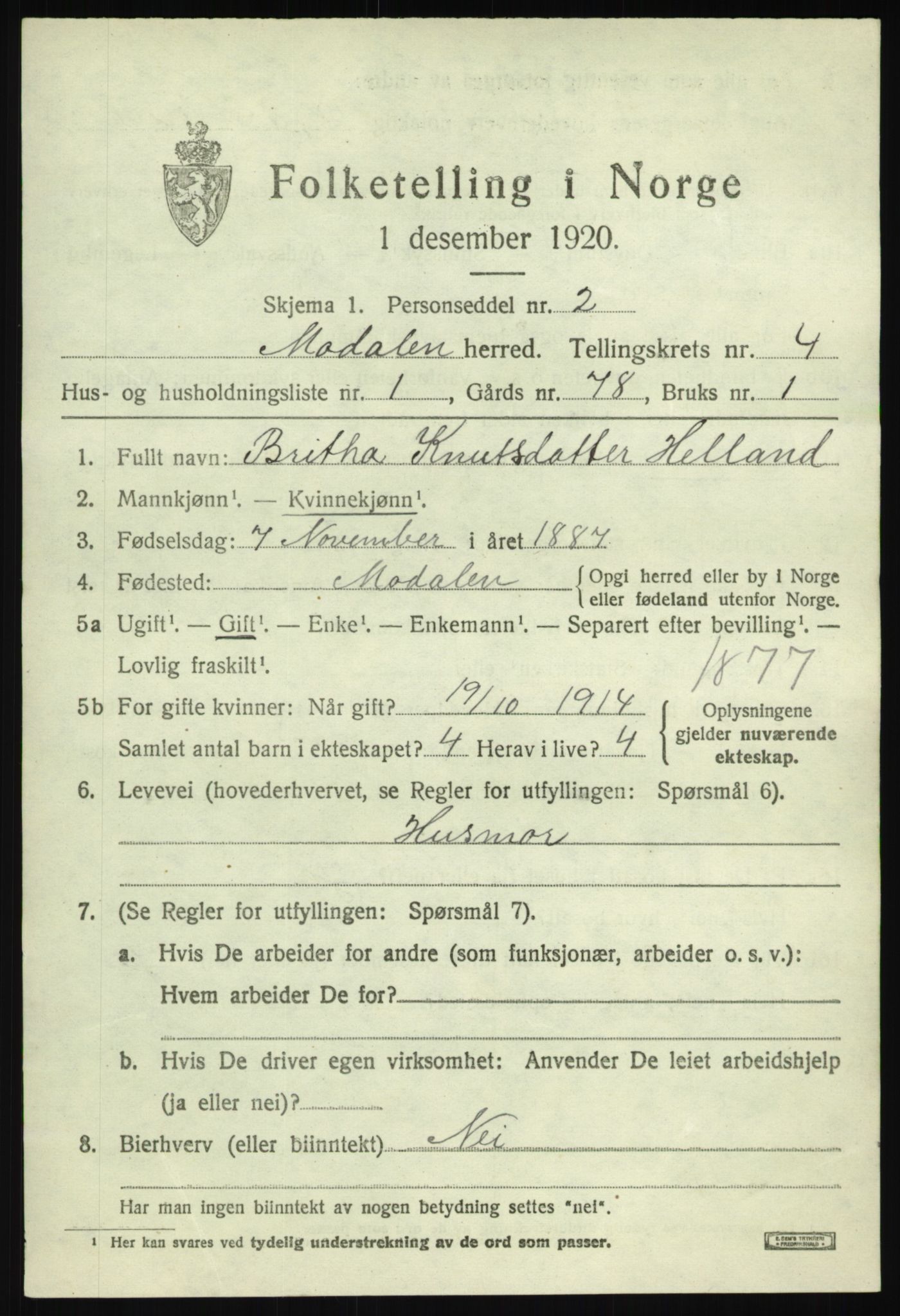 SAB, 1920 census for Modalen, 1920, p. 806