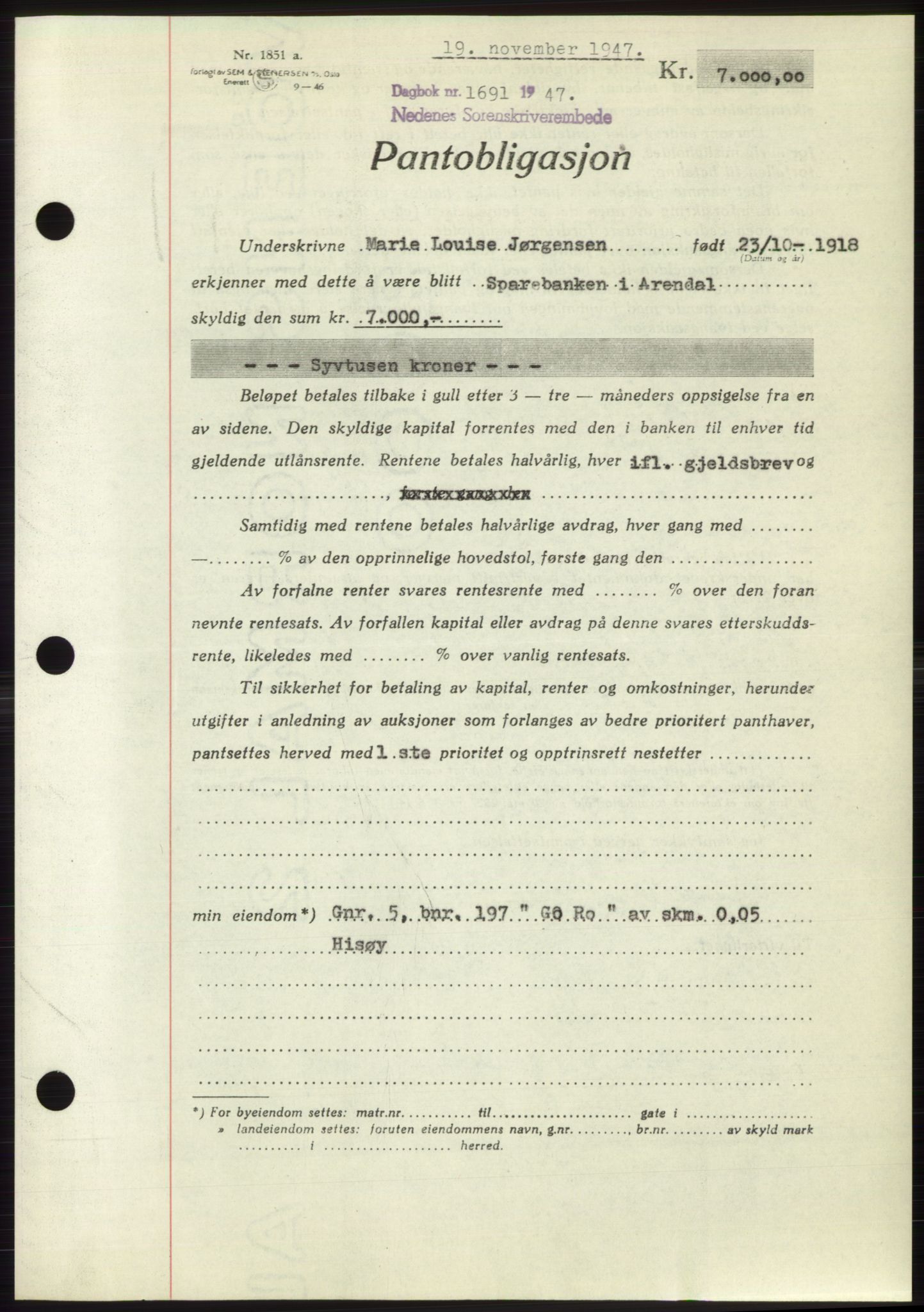 Nedenes sorenskriveri, AV/SAK-1221-0006/G/Gb/Gbb/L0004: Mortgage book no. B4, 1947-1947, Diary no: : 1691/1947