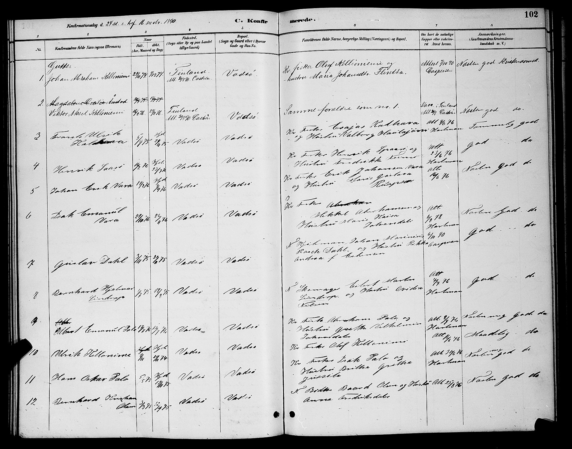 Vadsø sokneprestkontor, SATØ/S-1325/H/Hb/L0004klokker: Parish register (copy) no. 4, 1885-1895, p. 102