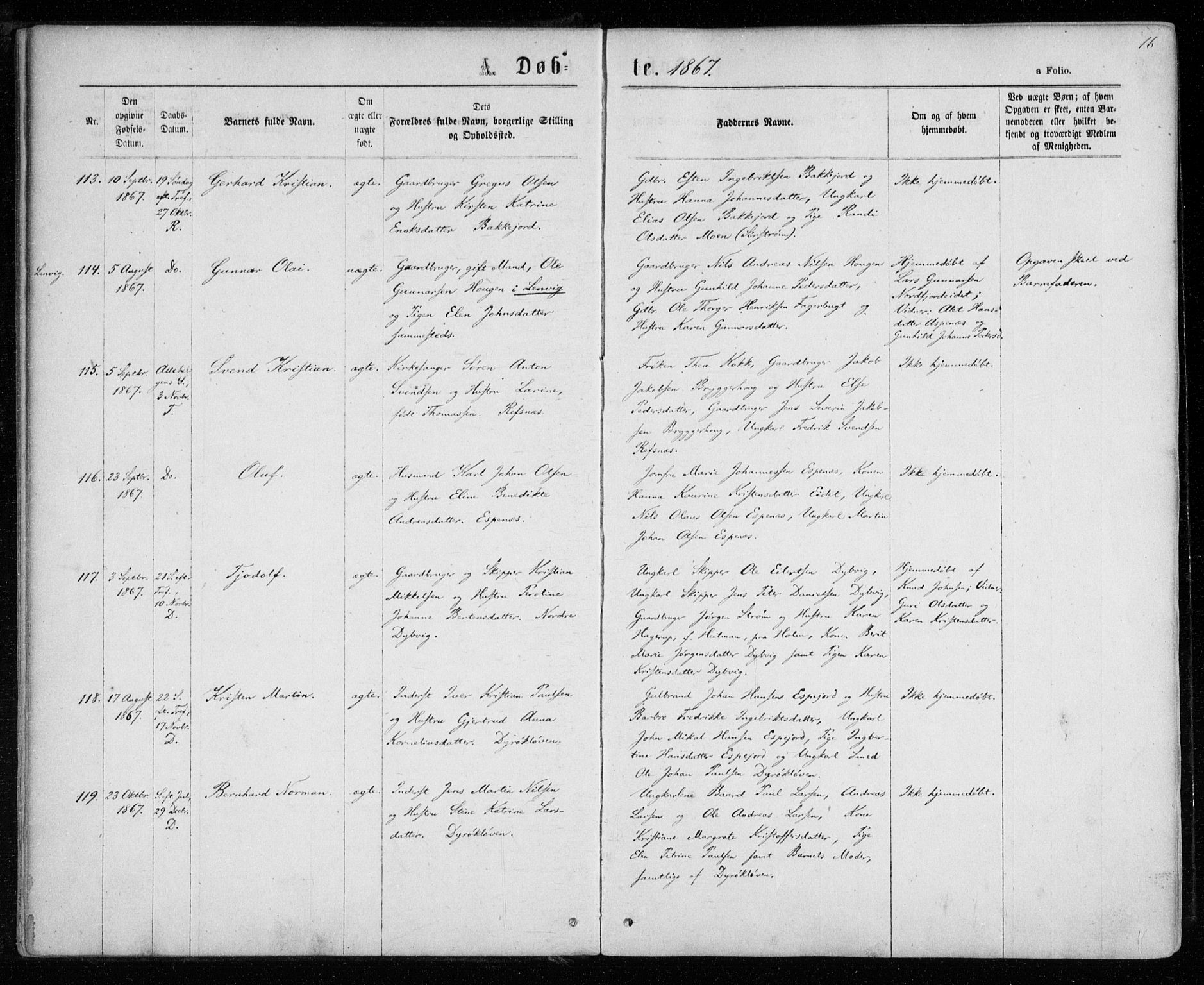 Tranøy sokneprestkontor, AV/SATØ-S-1313/I/Ia/Iaa/L0008kirke: Parish register (official) no. 8, 1867-1877, p. 16