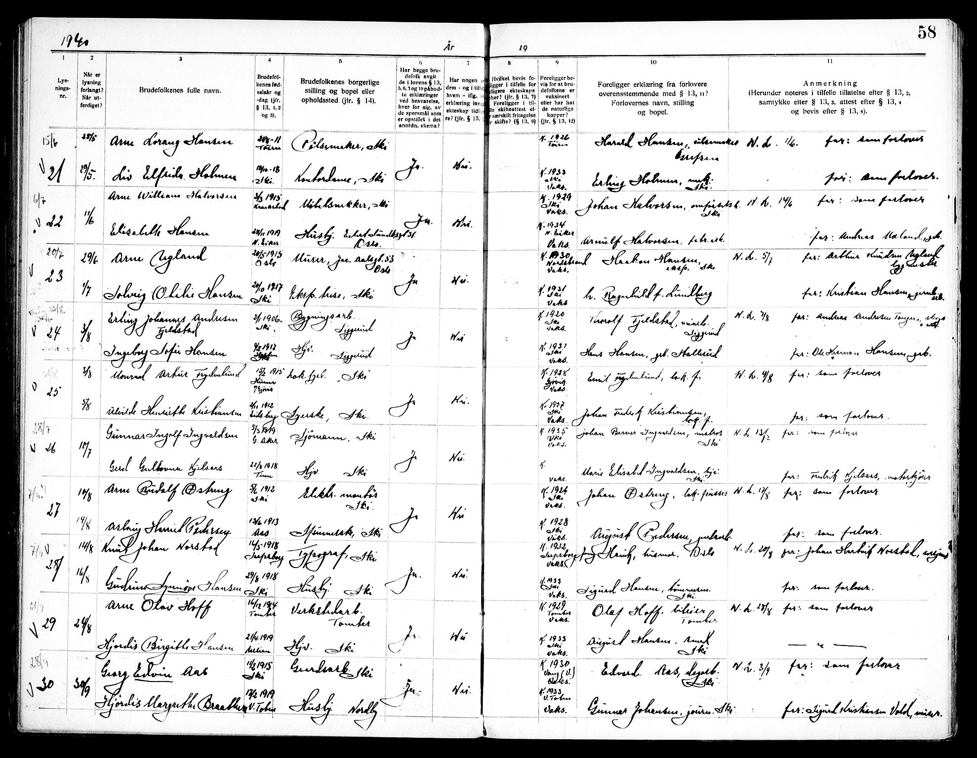 Kråkstad prestekontor Kirkebøker, SAO/A-10125a/H/Hb/L0001: Banns register no. II 1, 1919-1952, p. 58