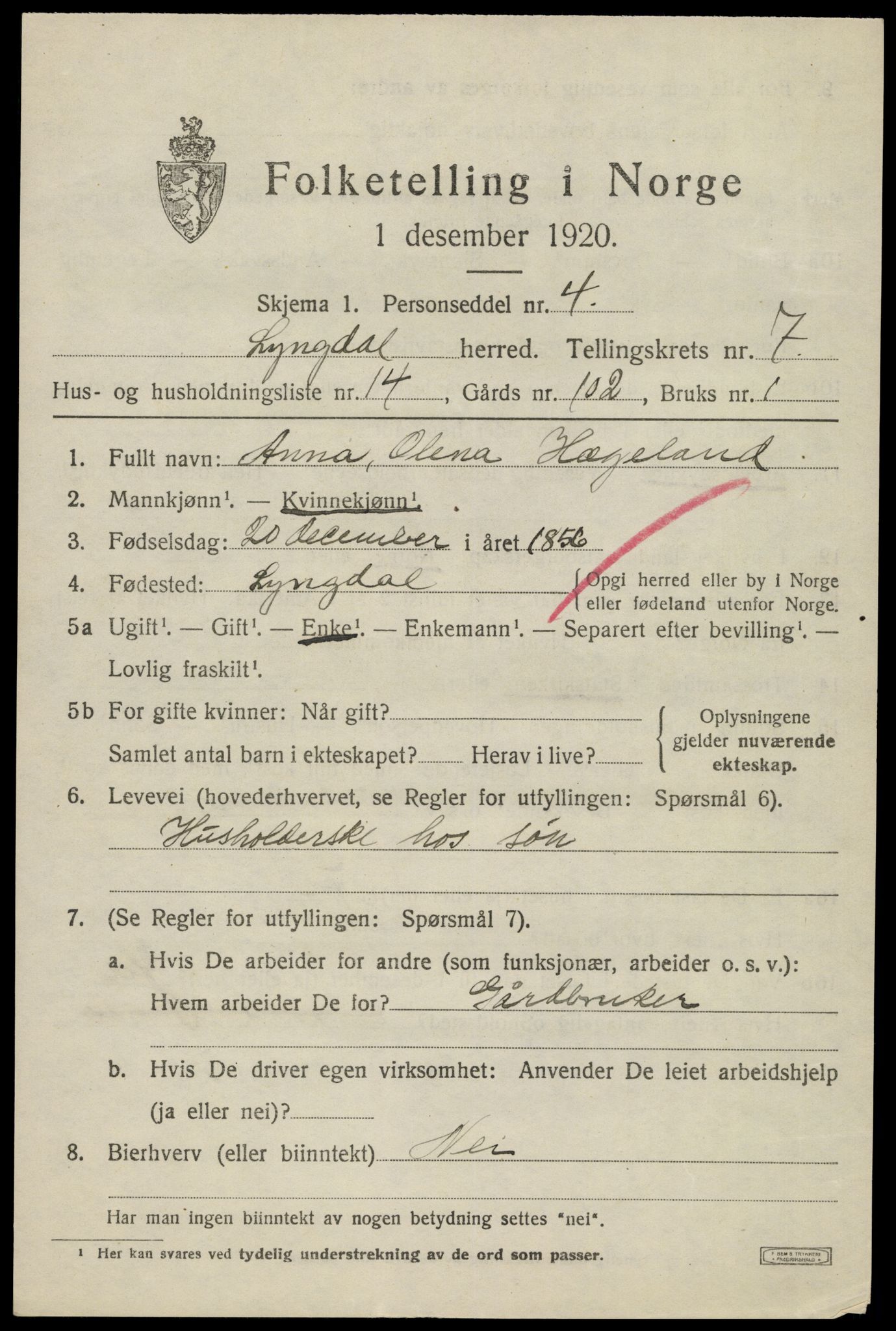 SAK, 1920 census for Lyngdal, 1920, p. 3977