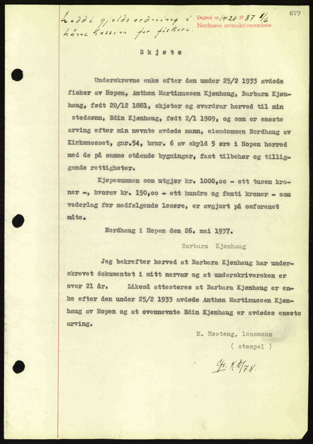 Nordmøre sorenskriveri, AV/SAT-A-4132/1/2/2Ca: Mortgage book no. A81, 1937-1937, Diary no: : 1428/1937