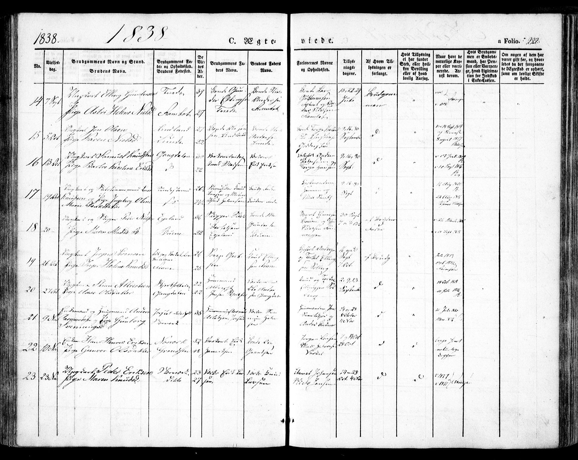 Holt sokneprestkontor, AV/SAK-1111-0021/F/Fa/L0007: Parish register (official) no. A 7, 1836-1848, p. 222