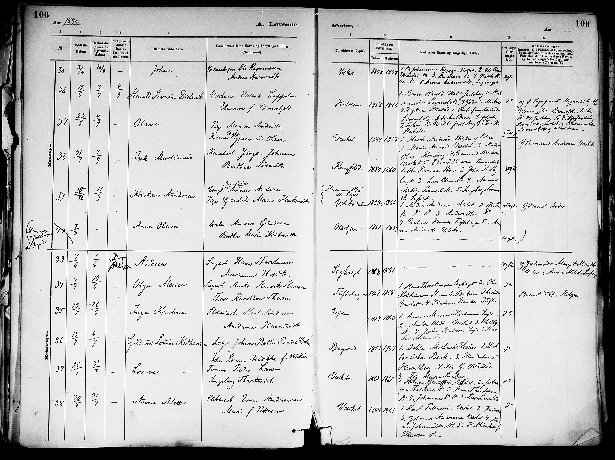 Holla kirkebøker, SAKO/A-272/F/Fa/L0008: Parish register (official) no. 8, 1882-1897, p. 106