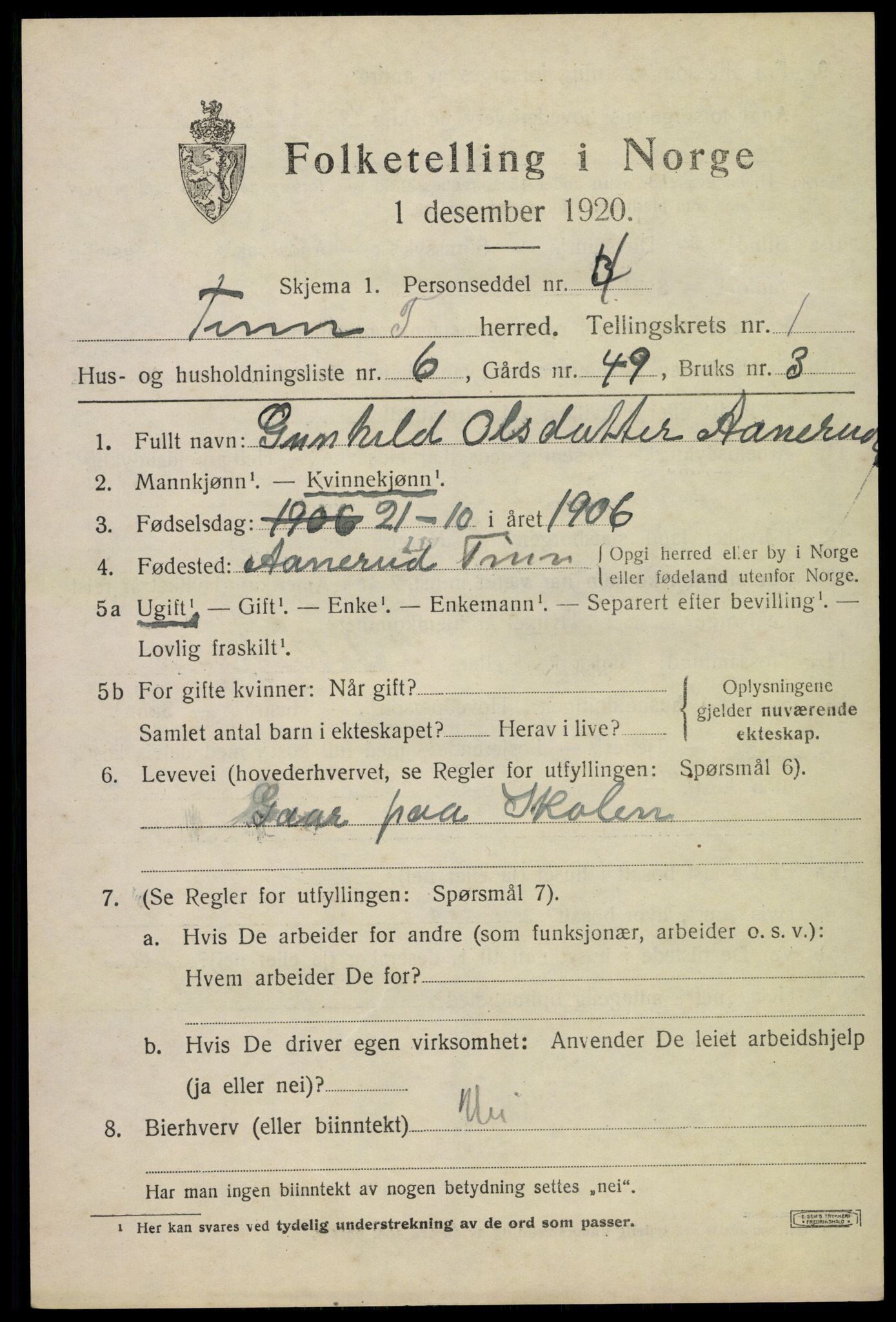 SAKO, 1920 census for Tinn, 1920, p. 2748