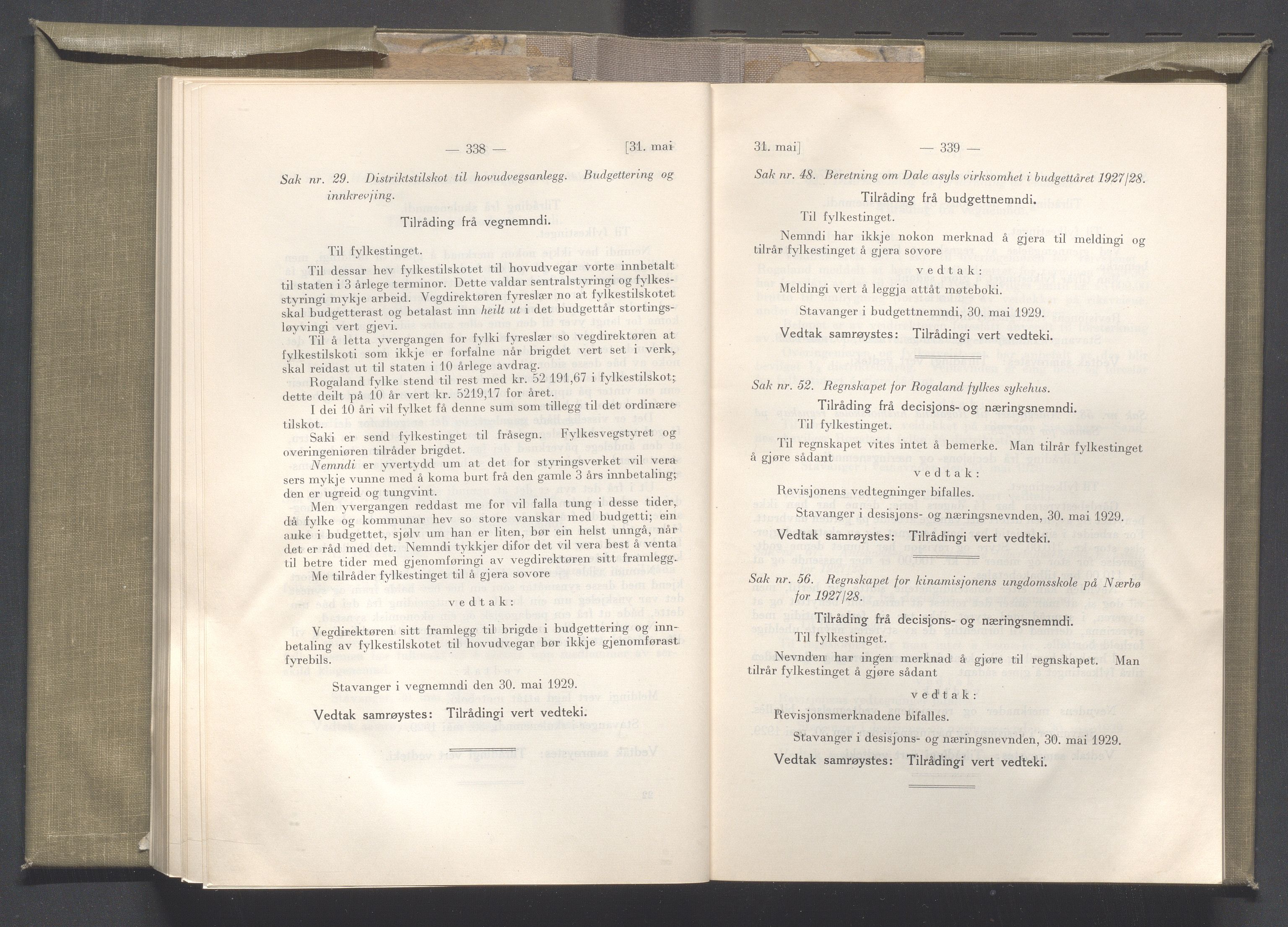 Rogaland fylkeskommune - Fylkesrådmannen , IKAR/A-900/A/Aa/Aaa/L0048: Møtebok , 1929, p. 338-339