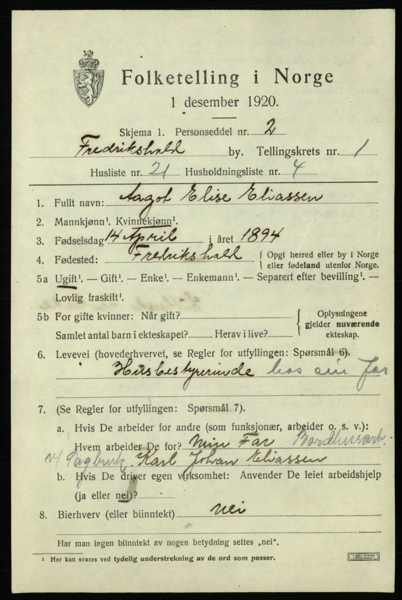 SAO, 1920 census for Fredrikshald, 1920, p. 8410