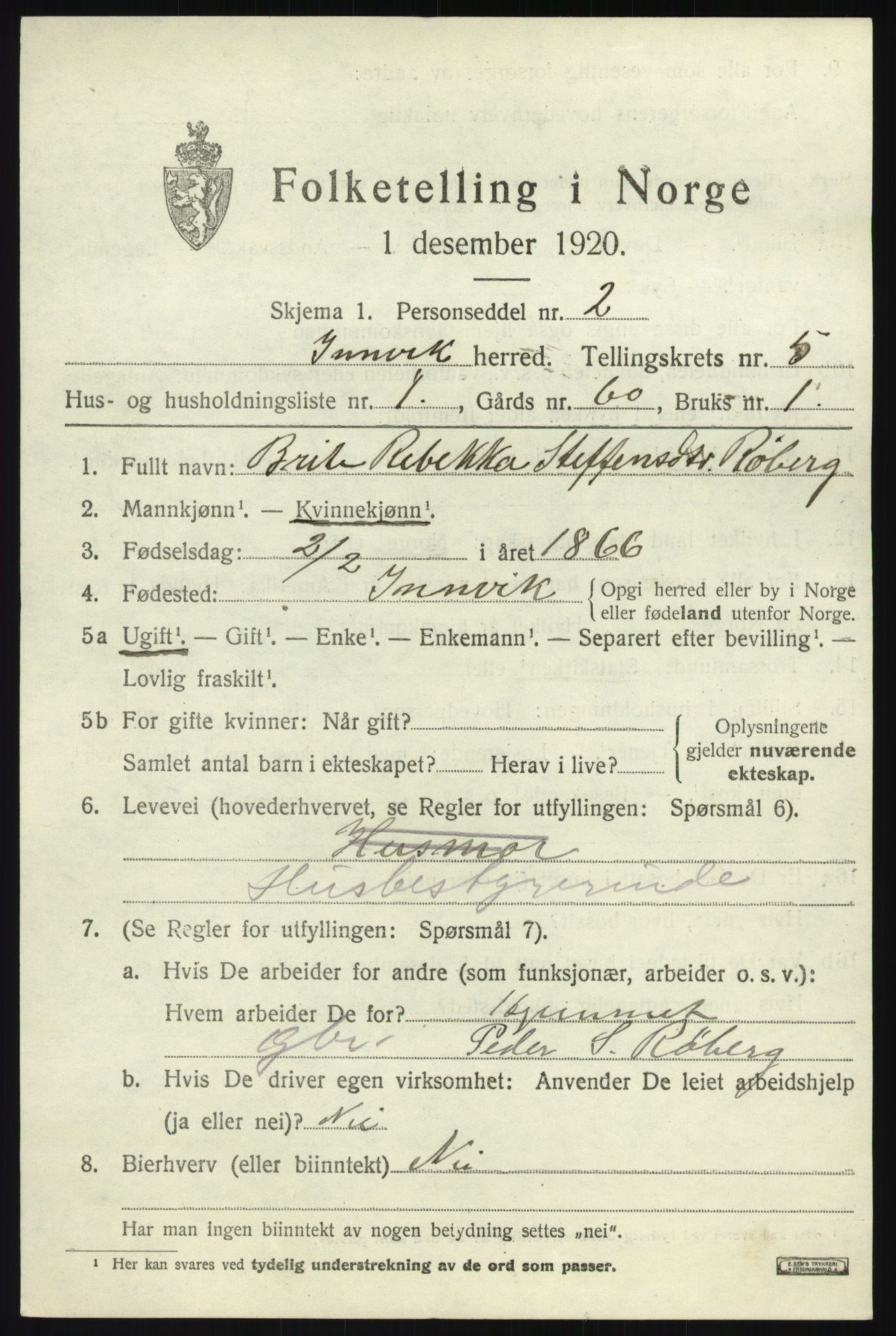 SAB, 1920 census for Innvik, 1920, p. 2731