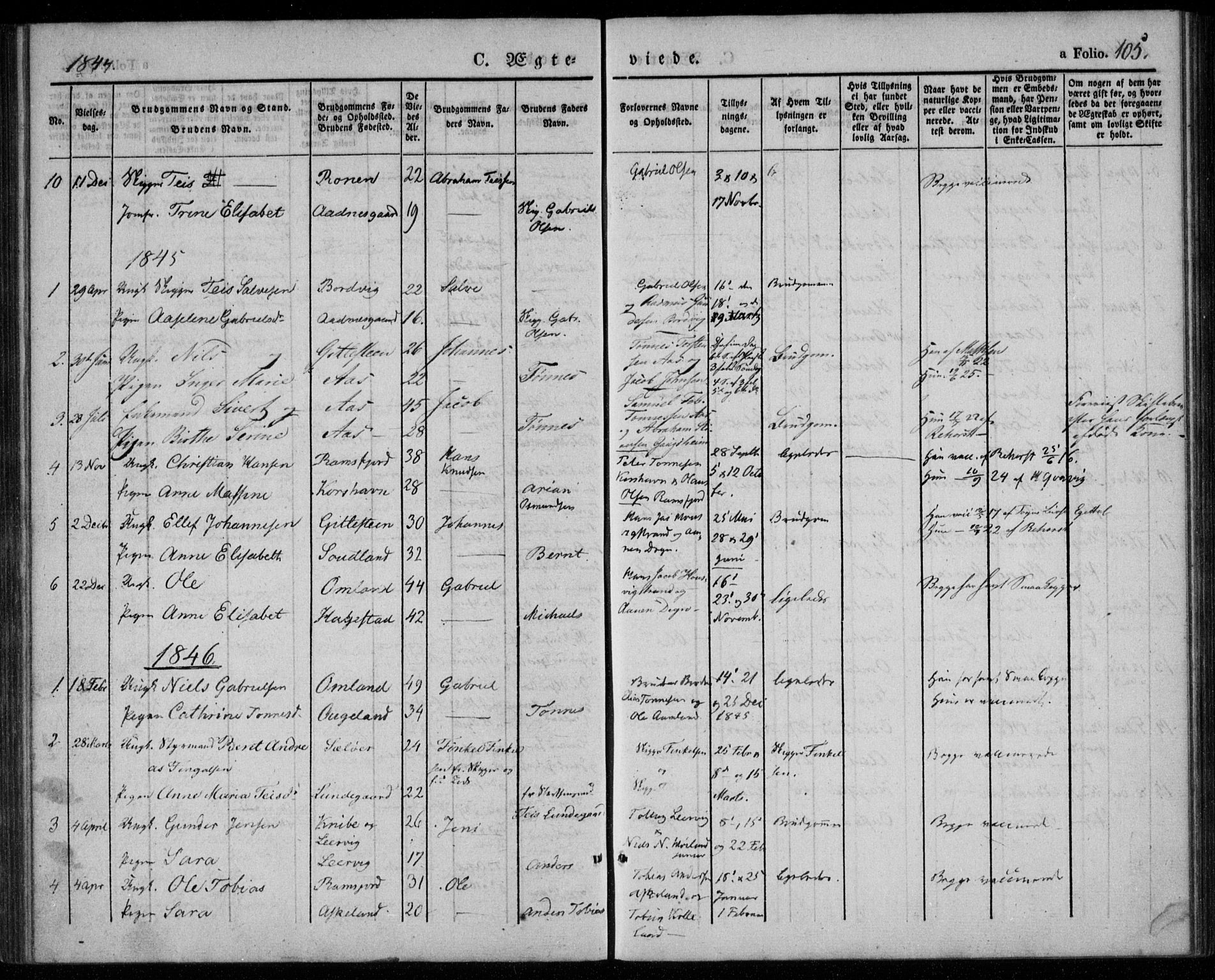 Lyngdal sokneprestkontor, AV/SAK-1111-0029/F/Fa/Faa/L0001: Parish register (official) no. A 1, 1837-1857, p. 105