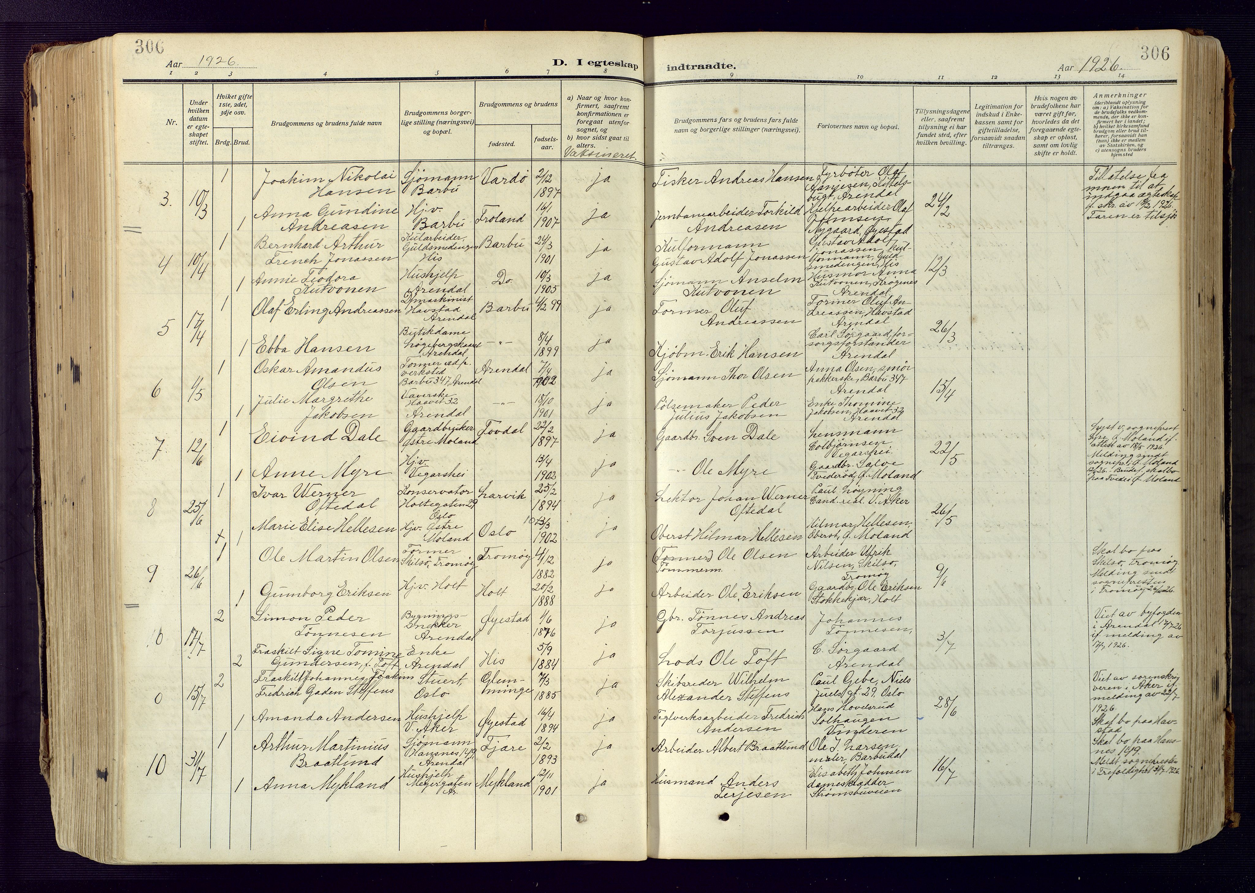 Barbu sokneprestkontor, SAK/1111-0003/F/Fa/L0006: Parish register (official) no. A 6, 1910-1929, p. 306