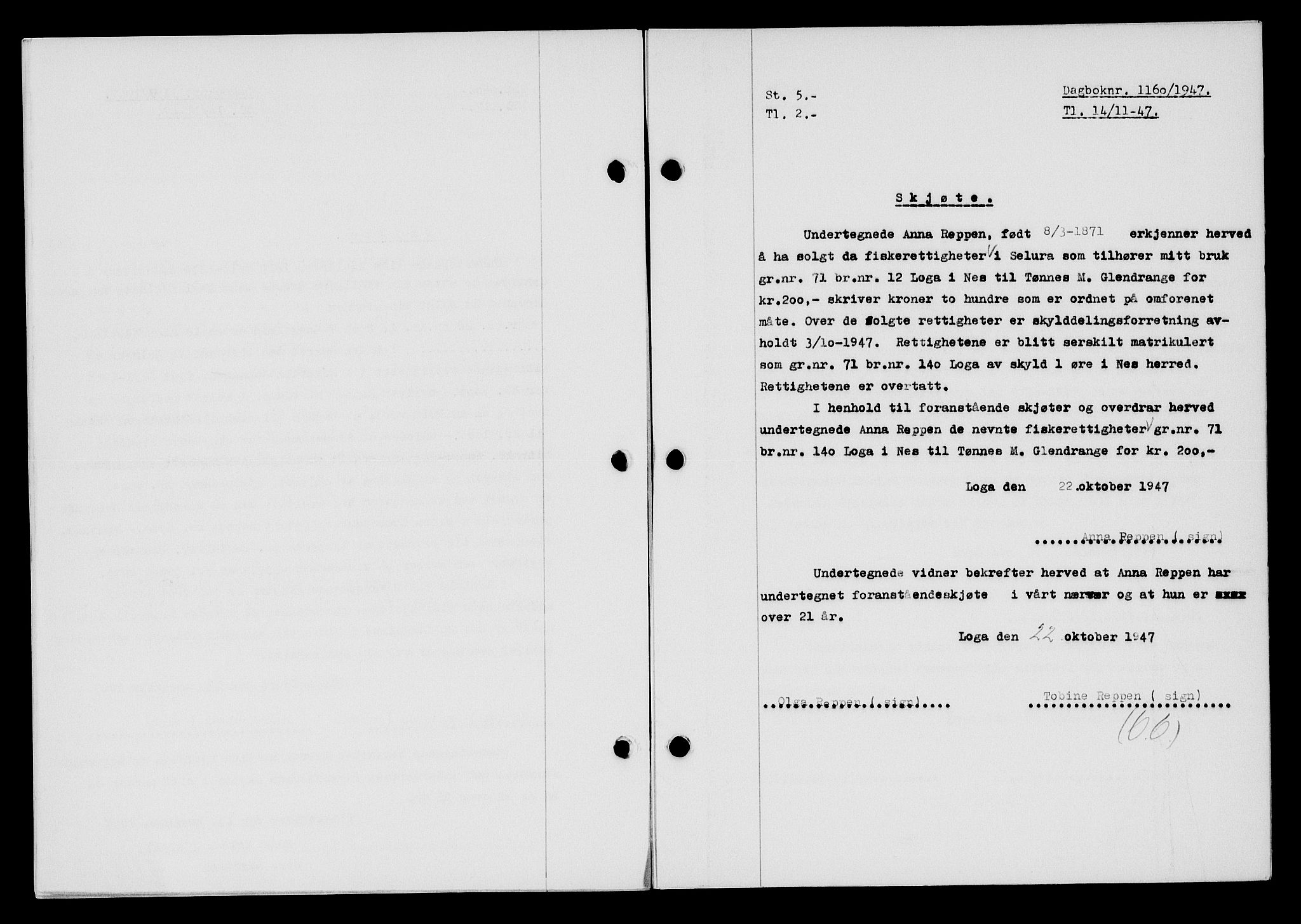 Flekkefjord sorenskriveri, SAK/1221-0001/G/Gb/Gba/L0063: Mortgage book no. A-11, 1947-1948, Diary no: : 1160/1947