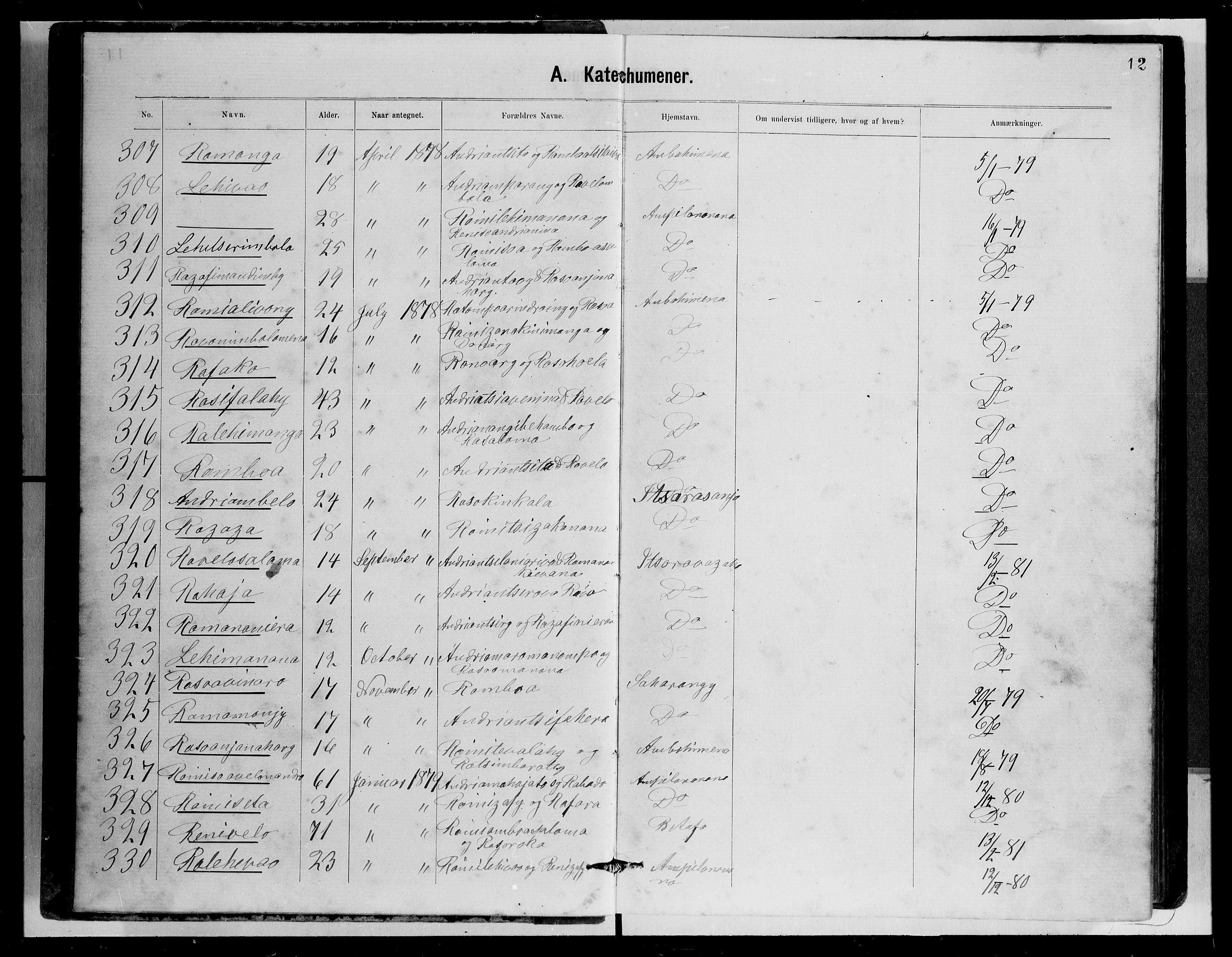 Archives FLM/NMS, Madagaskar, VID/MA-A-1163/D/Db/L0269: Parish register (official) no. 1, 1867-1884, p. 12