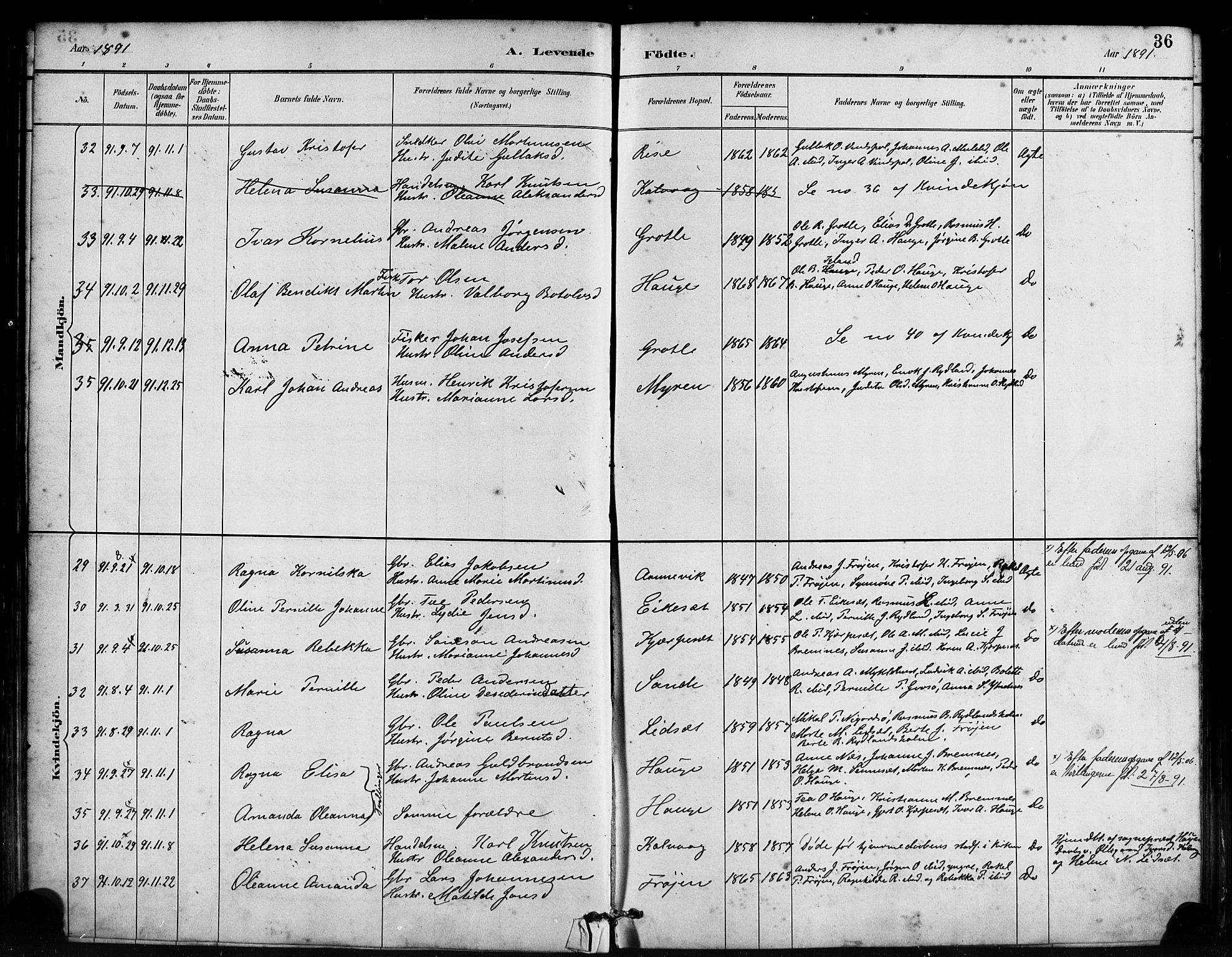 Bremanger sokneprestembete, AV/SAB-A-82201/H/Haa/Haab/L0001: Parish register (official) no. B 1, 1884-1895, p. 36
