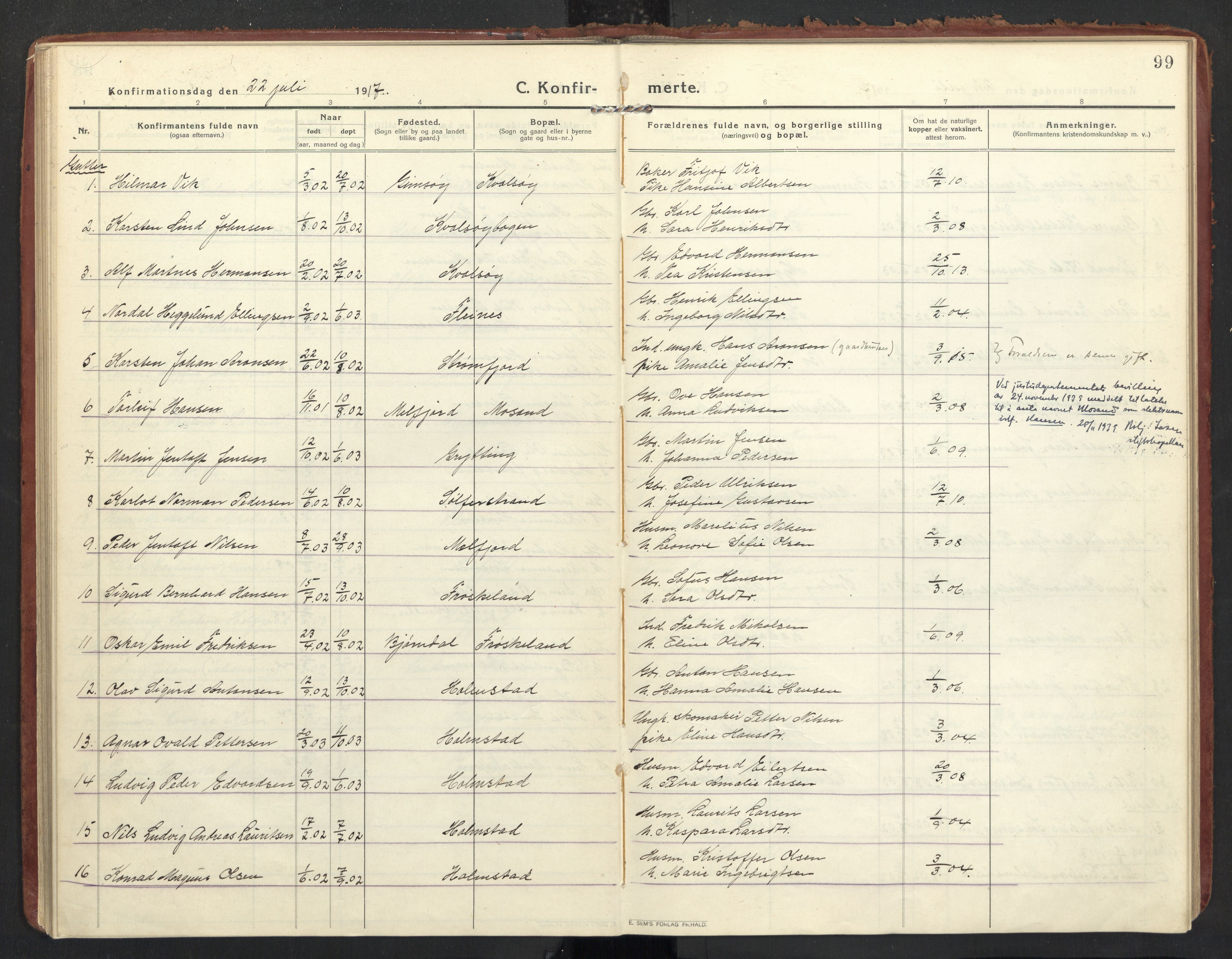 Ministerialprotokoller, klokkerbøker og fødselsregistre - Nordland, SAT/A-1459/890/L1288: Parish register (official) no. 890A03, 1915-1925, p. 99