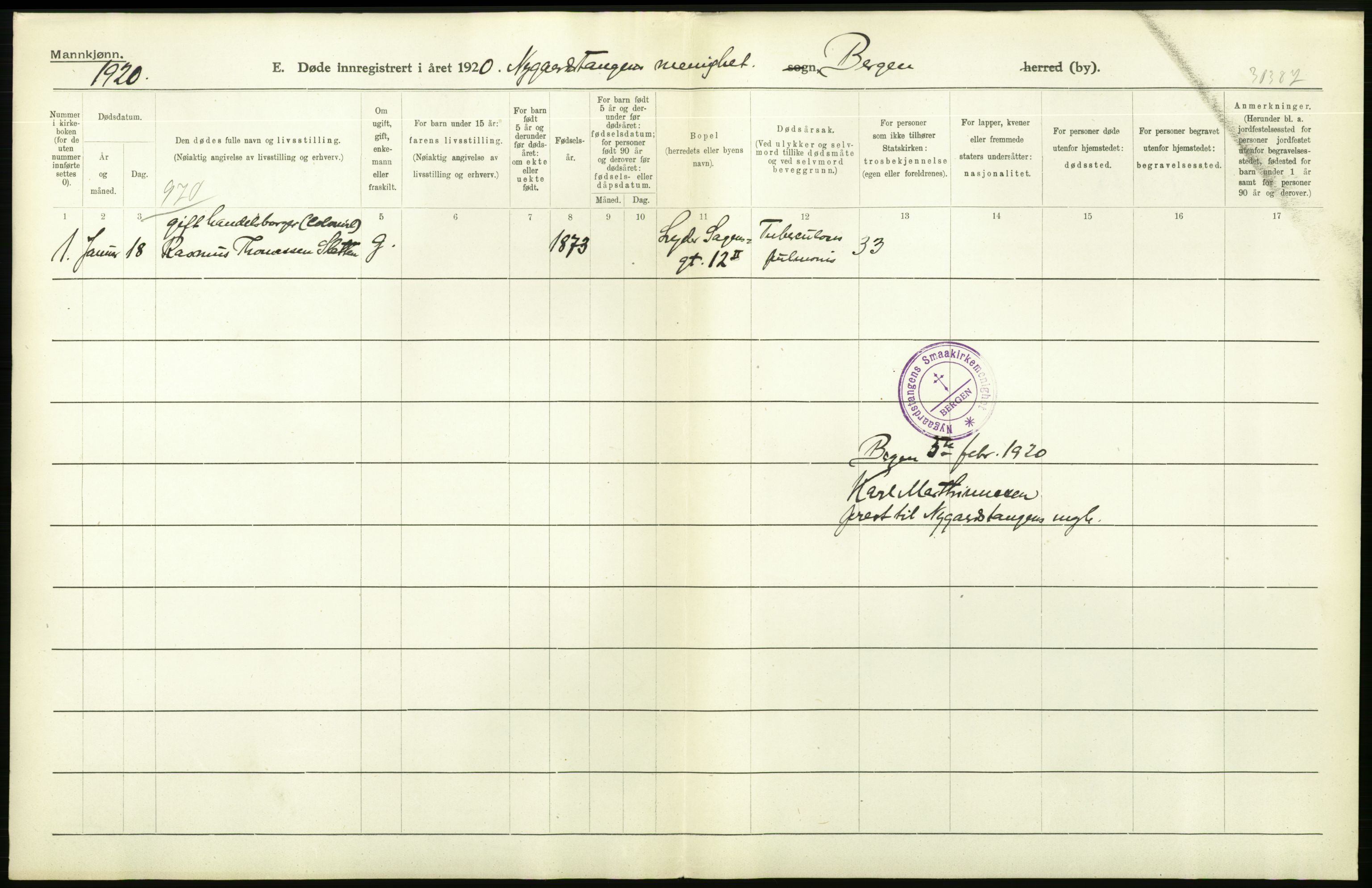 Statistisk sentralbyrå, Sosiodemografiske emner, Befolkning, AV/RA-S-2228/D/Df/Dfb/Dfbj/L0042: Bergen: Gifte, døde, dødfødte., 1920, p. 312