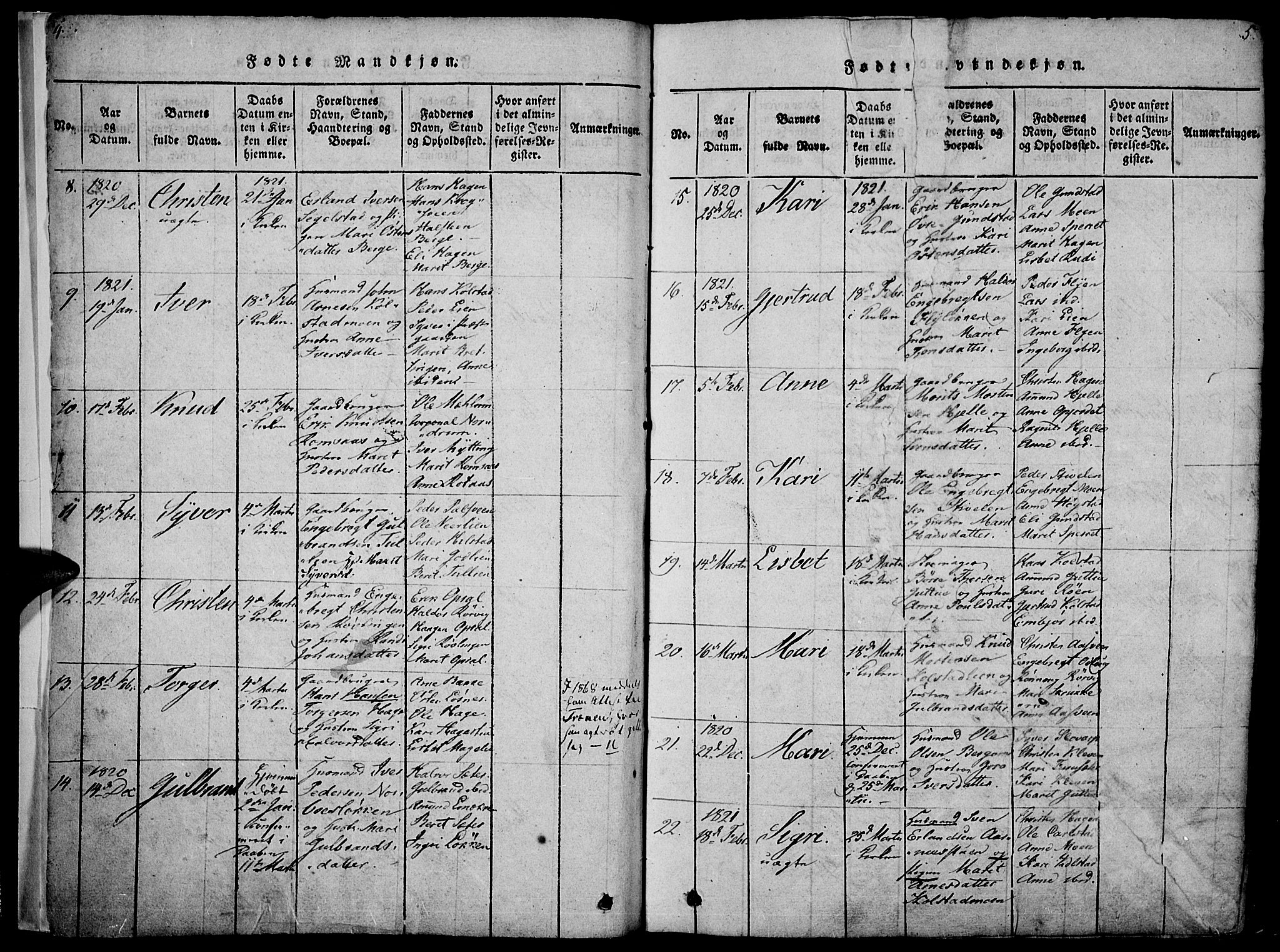 Ringebu prestekontor, AV/SAH-PREST-082/H/Ha/Haa/L0004: Parish register (official) no. 4, 1821-1839, p. 4-5