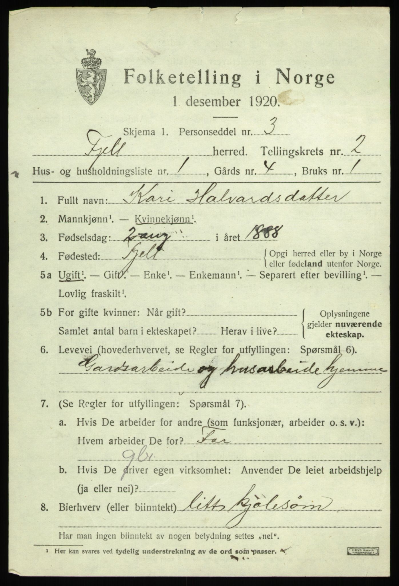 SAB, 1920 census for Fjell, 1920, p. 2256