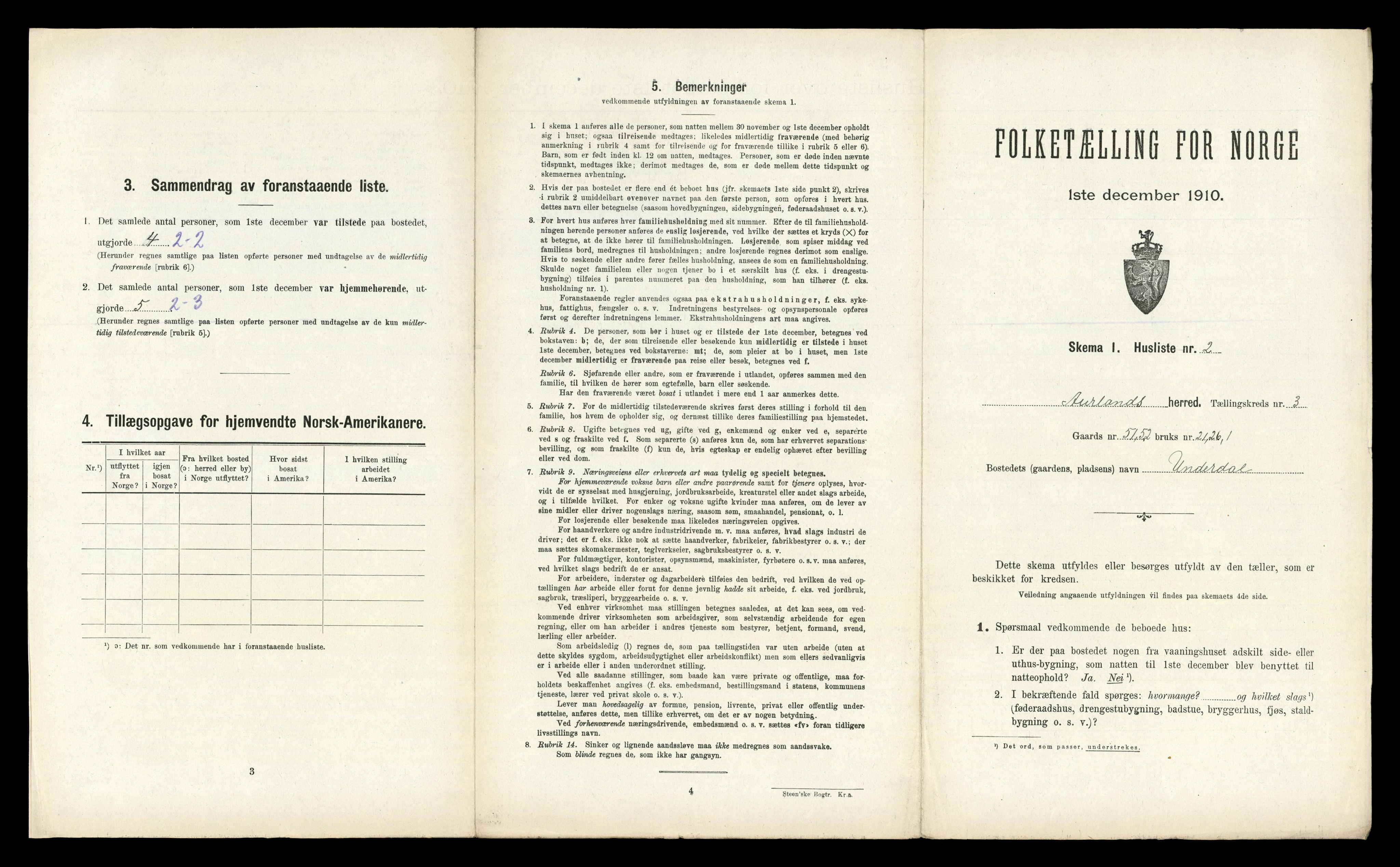 RA, 1910 census for Aurland, 1910, p. 187