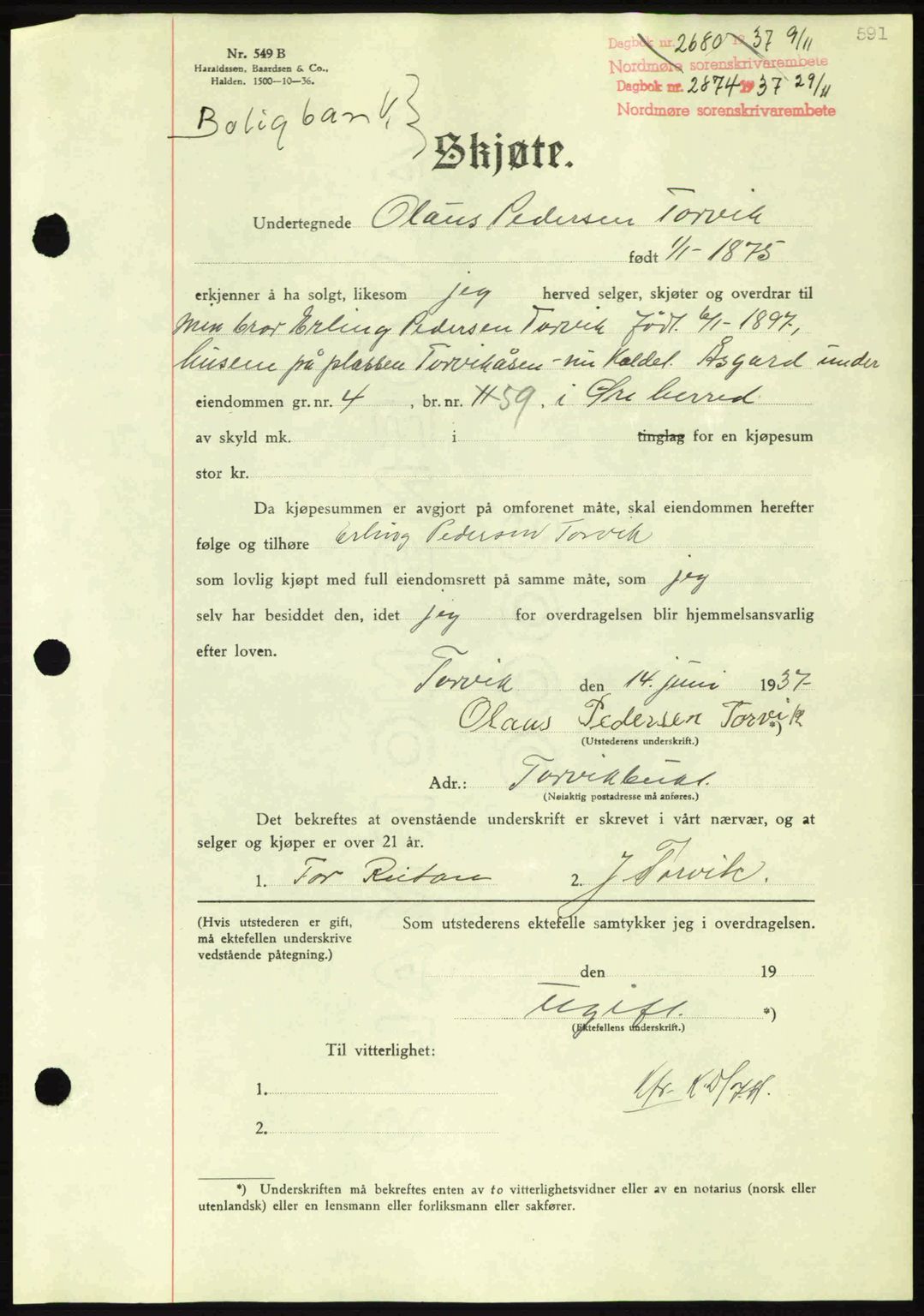 Nordmøre sorenskriveri, SAT/A-4132/1/2/2Ca: Mortgage book no. A82, 1937-1938, Diary no: : 2874/1937