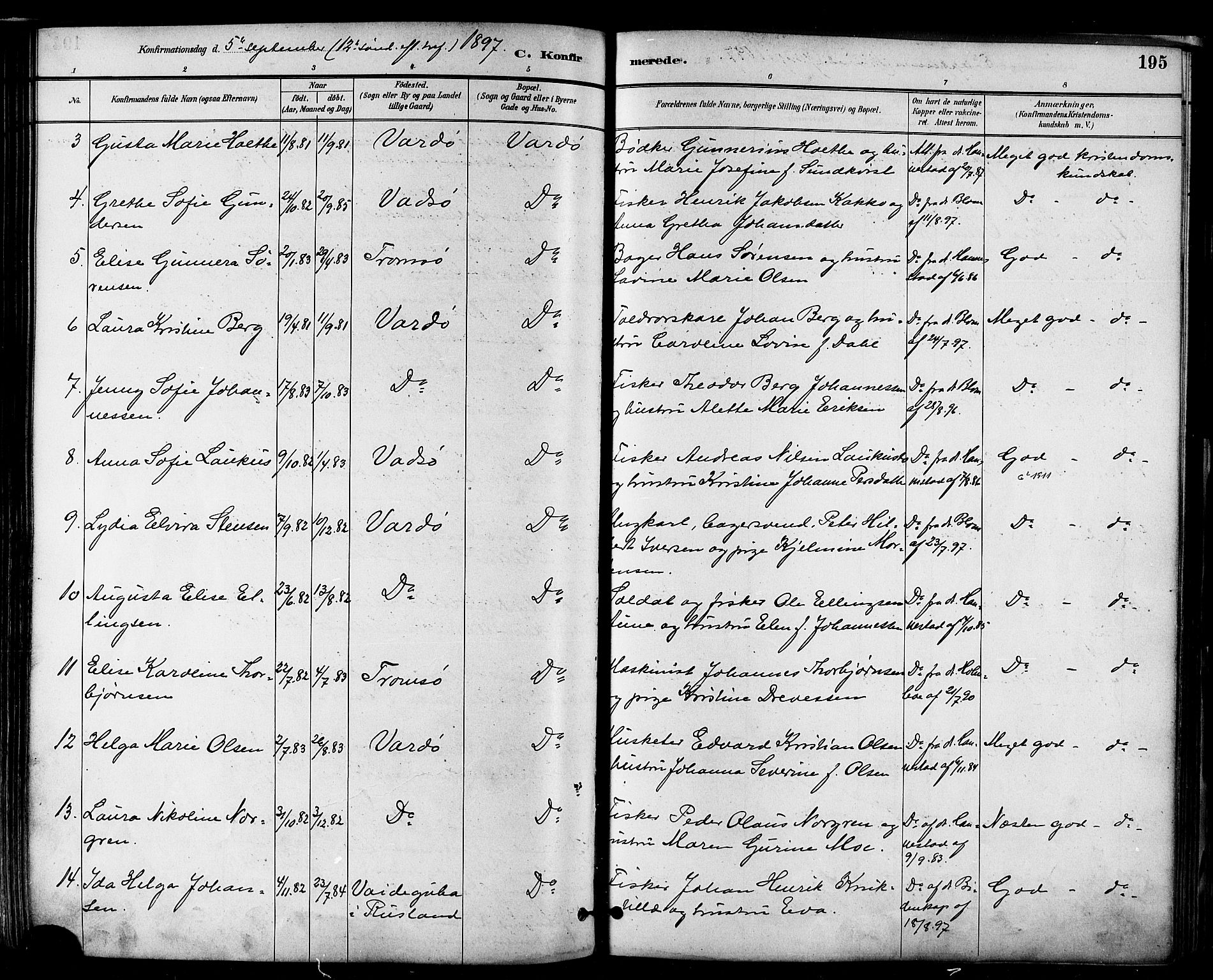 Vardø sokneprestkontor, AV/SATØ-S-1332/H/Ha/L0007kirke: Parish register (official) no. 7, 1886-1897, p. 195