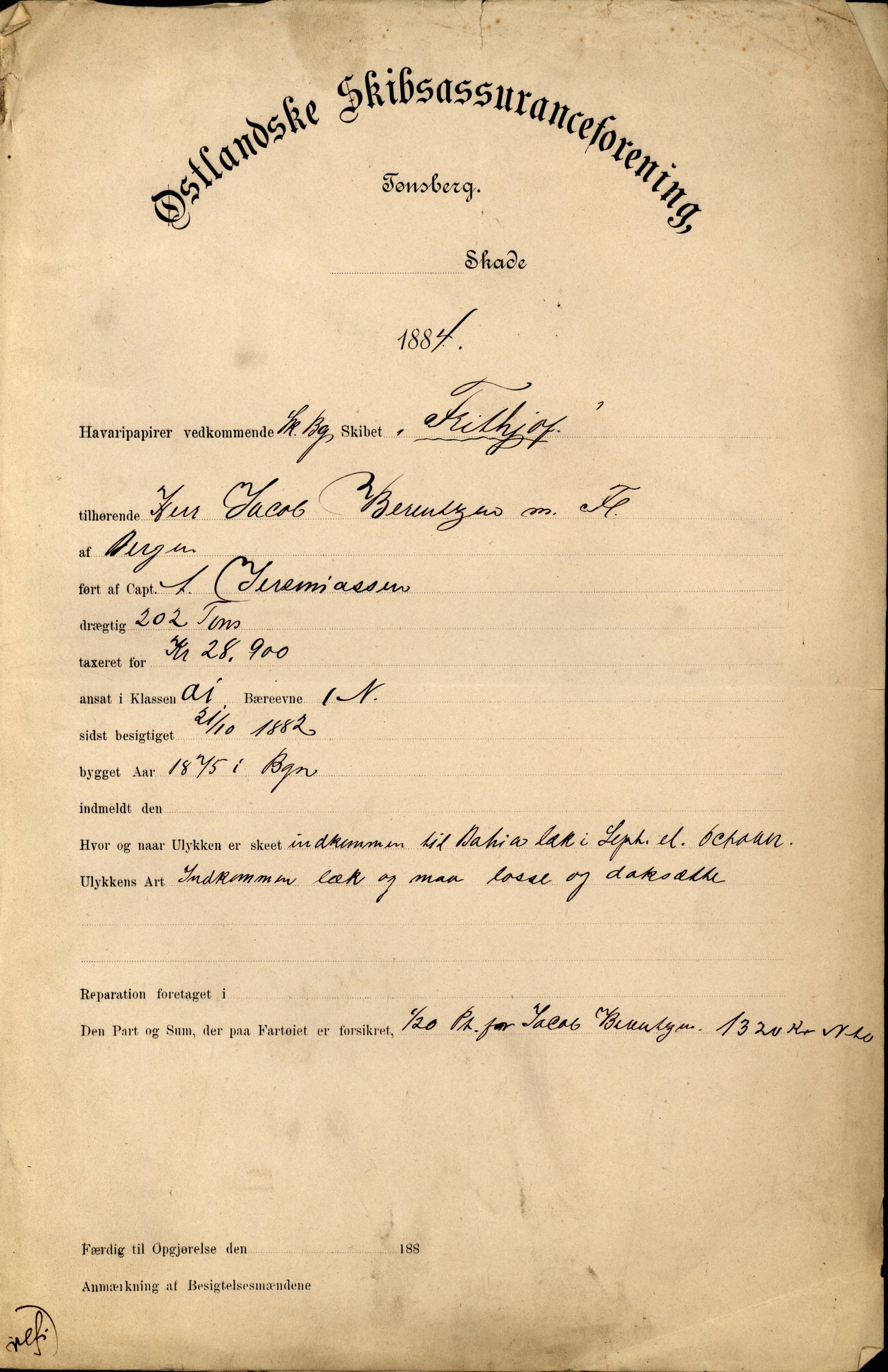 Pa 63 - Østlandske skibsassuranceforening, VEMU/A-1079/G/Ga/L0017/0010: Havaridokumenter / Frithjof, Grid, Gratitude, Gaselle, Garibaldi, 1884, p. 1