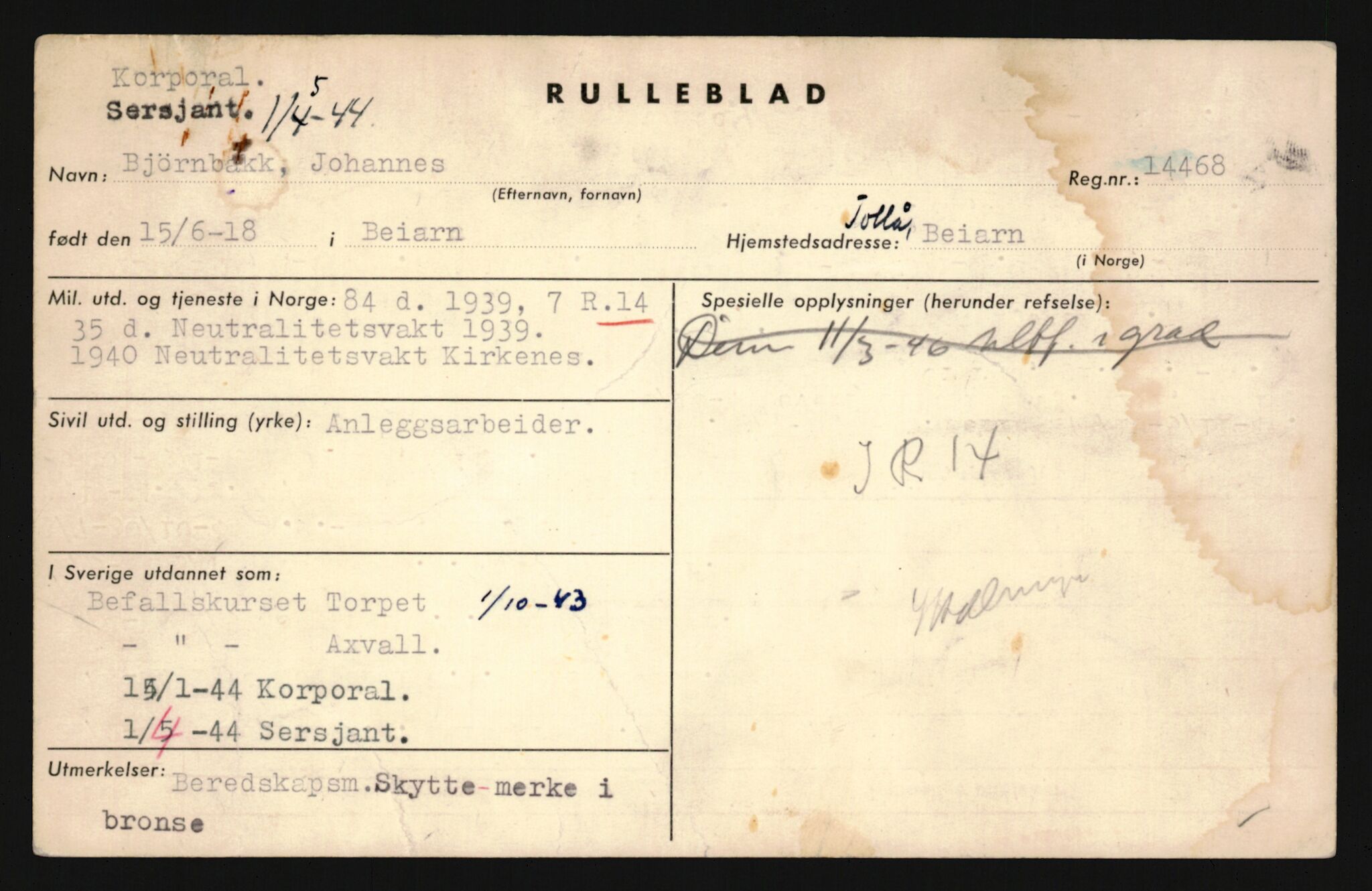 Forsvaret, Sør-Hålogaland landforsvar, AV/RA-RAFA-2552/P/Pa/L0303: Personellmapper for slettet personell, yrkesbefal og vernepliktig befal, født 1917-1920, 1936-1980, p. 263