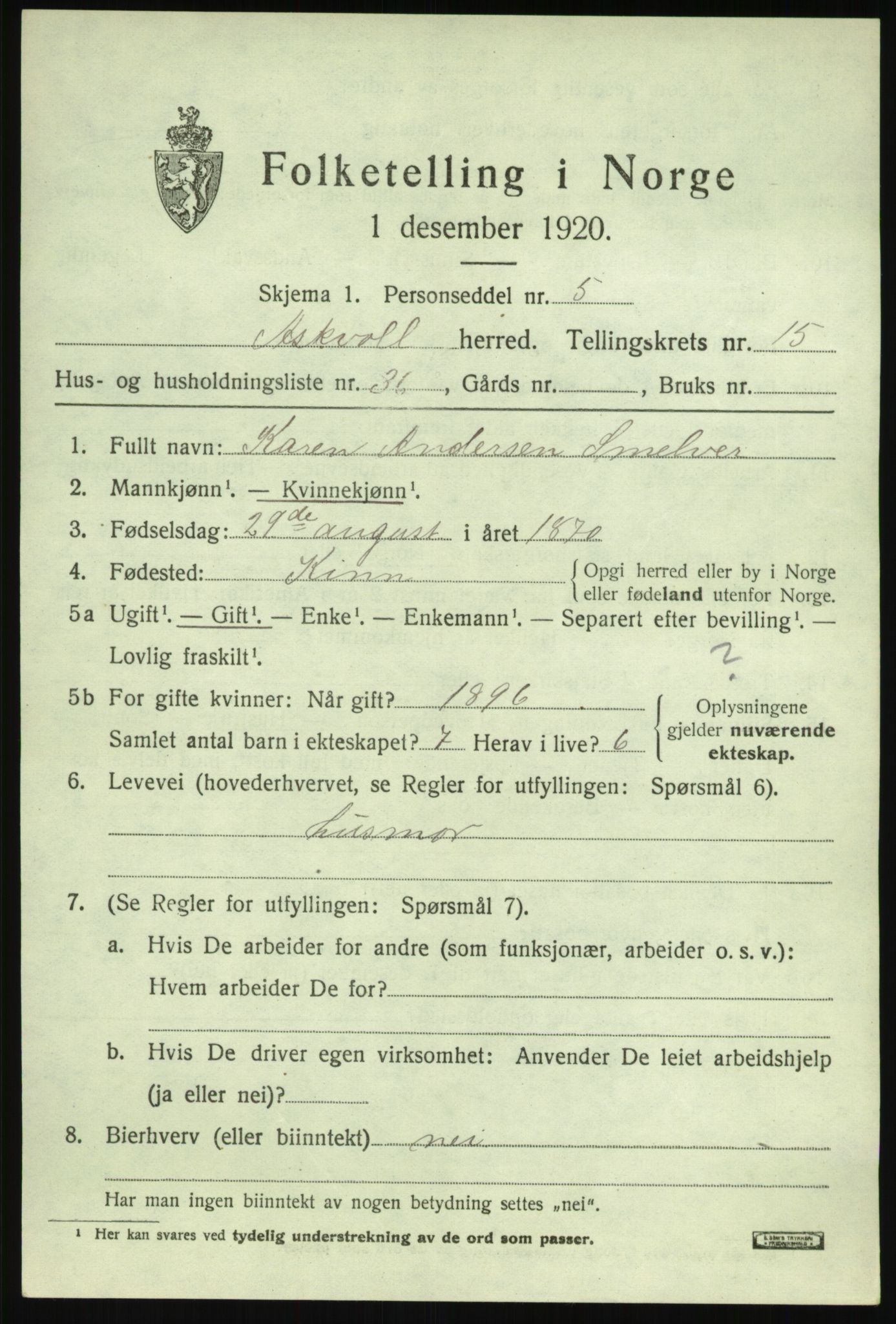 SAB, 1920 census for Askvoll, 1920, p. 5936