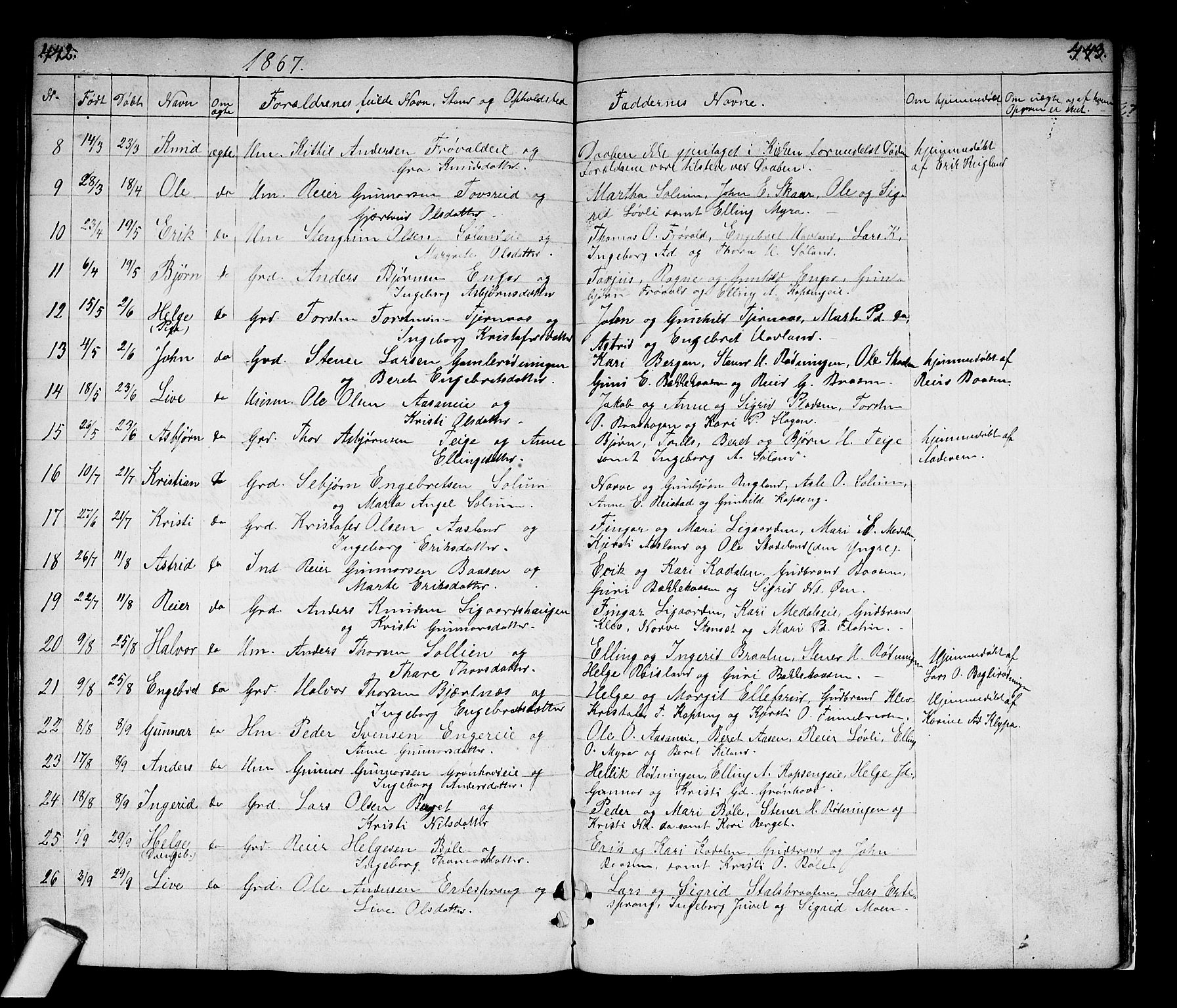 Sigdal kirkebøker, SAKO/A-245/G/Gb/L0001: Parish register (copy) no. II 1, 1841-1874, p. 442-443