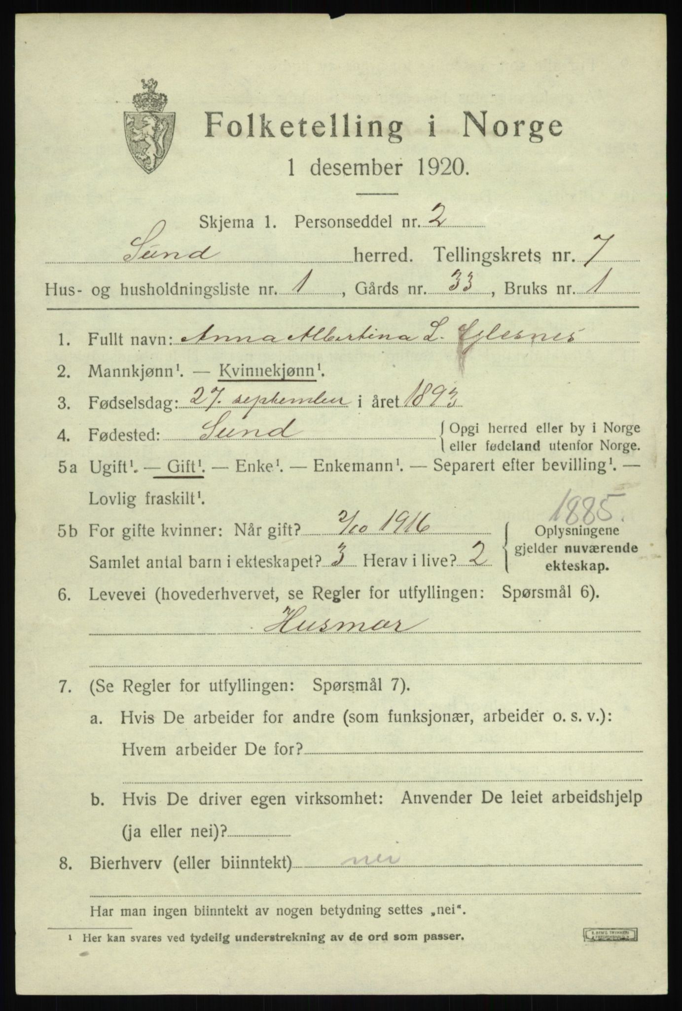 SAB, 1920 census for Sund, 1920, p. 4415