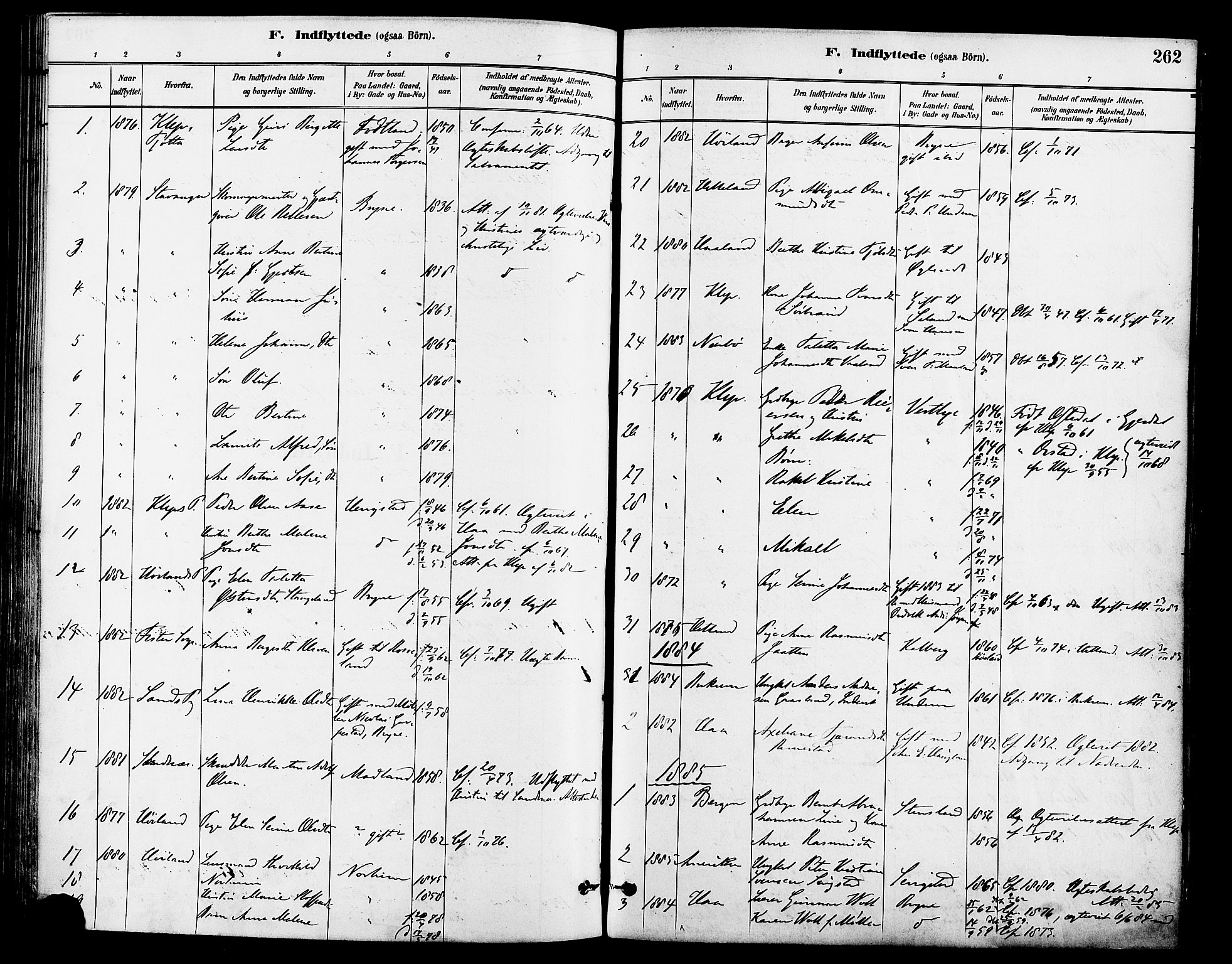 Lye sokneprestkontor, SAST/A-101794/001/30BA/L0009: Parish register (official) no. A 8, 1881-1892, p. 262