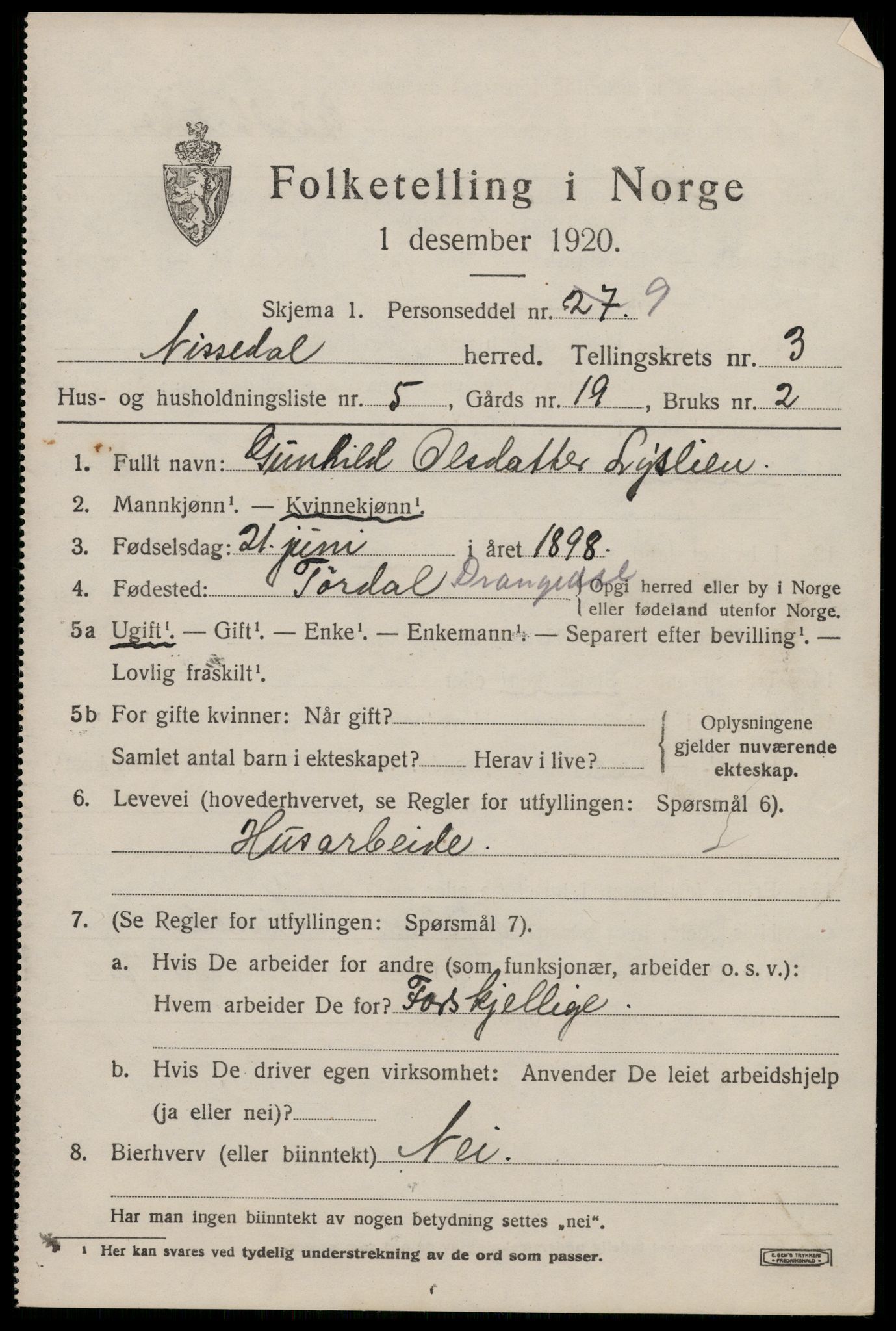 SAKO, 1920 census for Nissedal, 1920, p. 1549