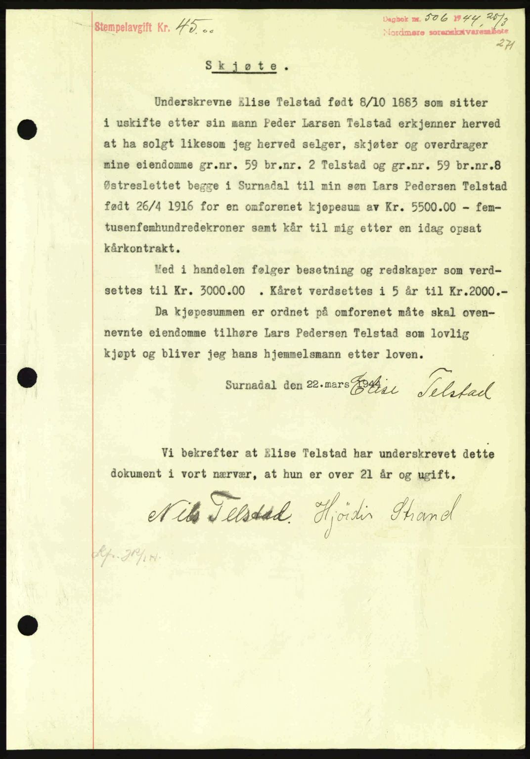 Nordmøre sorenskriveri, AV/SAT-A-4132/1/2/2Ca: Mortgage book no. A97, 1944-1944, Diary no: : 506/1944