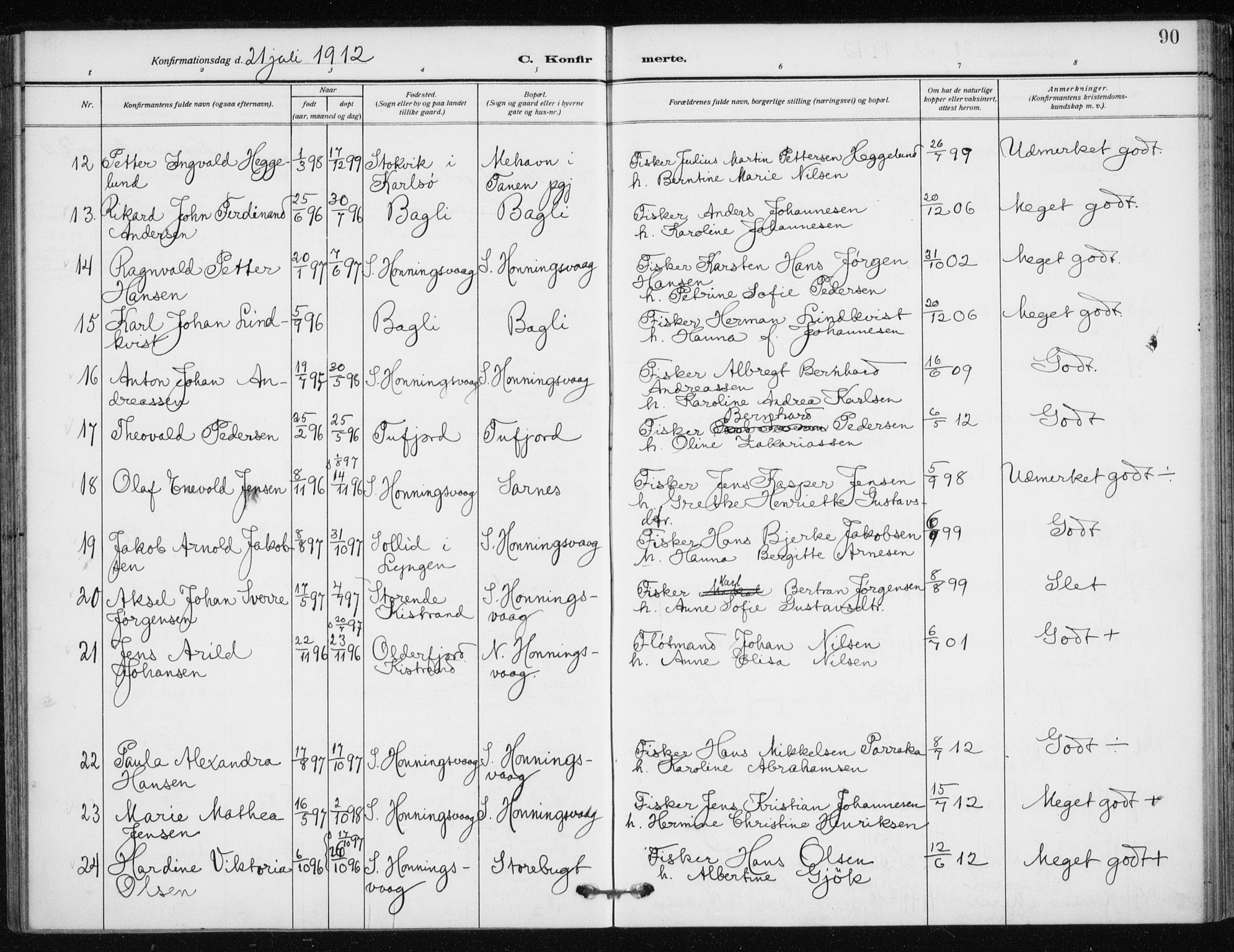 Kjelvik/Nordkapp sokneprestkontor, SATØ/S-1350/H/Ha/L0001kirke: Parish register (official) no. 1, 1911-1919, p. 90